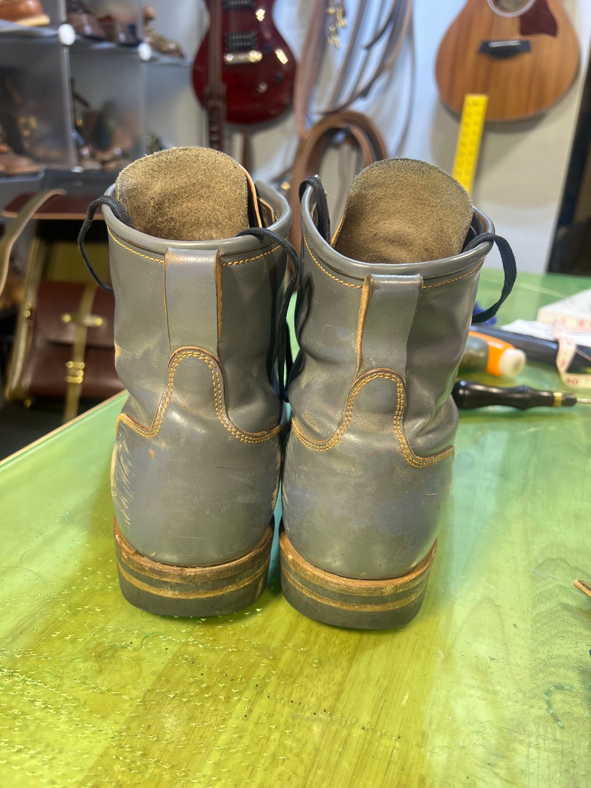 Photo by DalesLeatherworks on March 6, 2025 of the Iron Boots The Chosen One in Maryam Grigio Shell Cordovan.