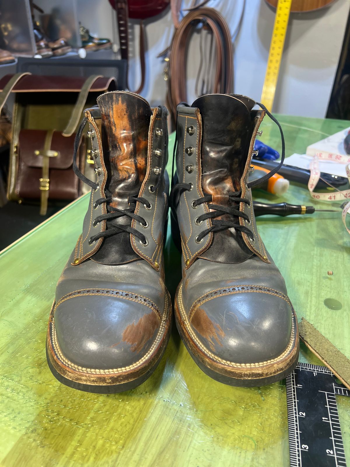 Photo by DalesLeatherworks on March 6, 2025 of the Iron Boots The Chosen One in Maryam Grigio Shell Cordovan.