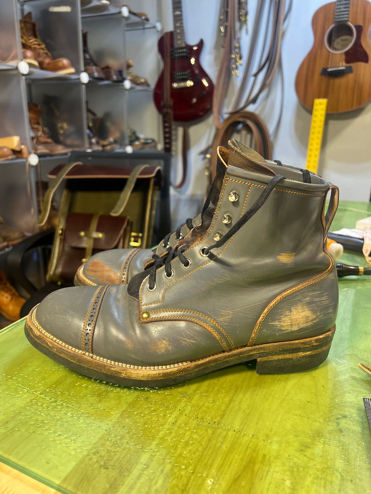 Photo by DalesLeatherworks on March 6, 2025 of the Iron Boots The Chosen One in Maryam Grigio Shell Cordovan.