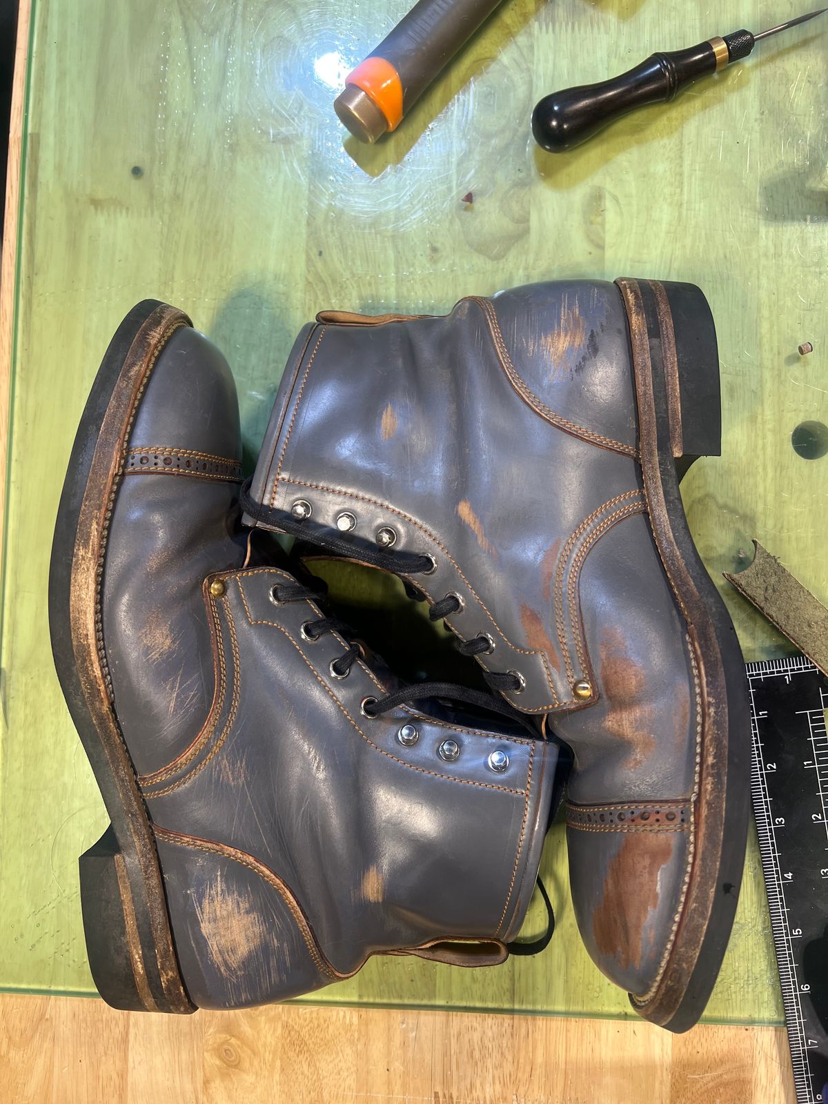 Photo by DalesLeatherworks on March 6, 2025 of the Iron Boots The Chosen One in Maryam Grigio Shell Cordovan.