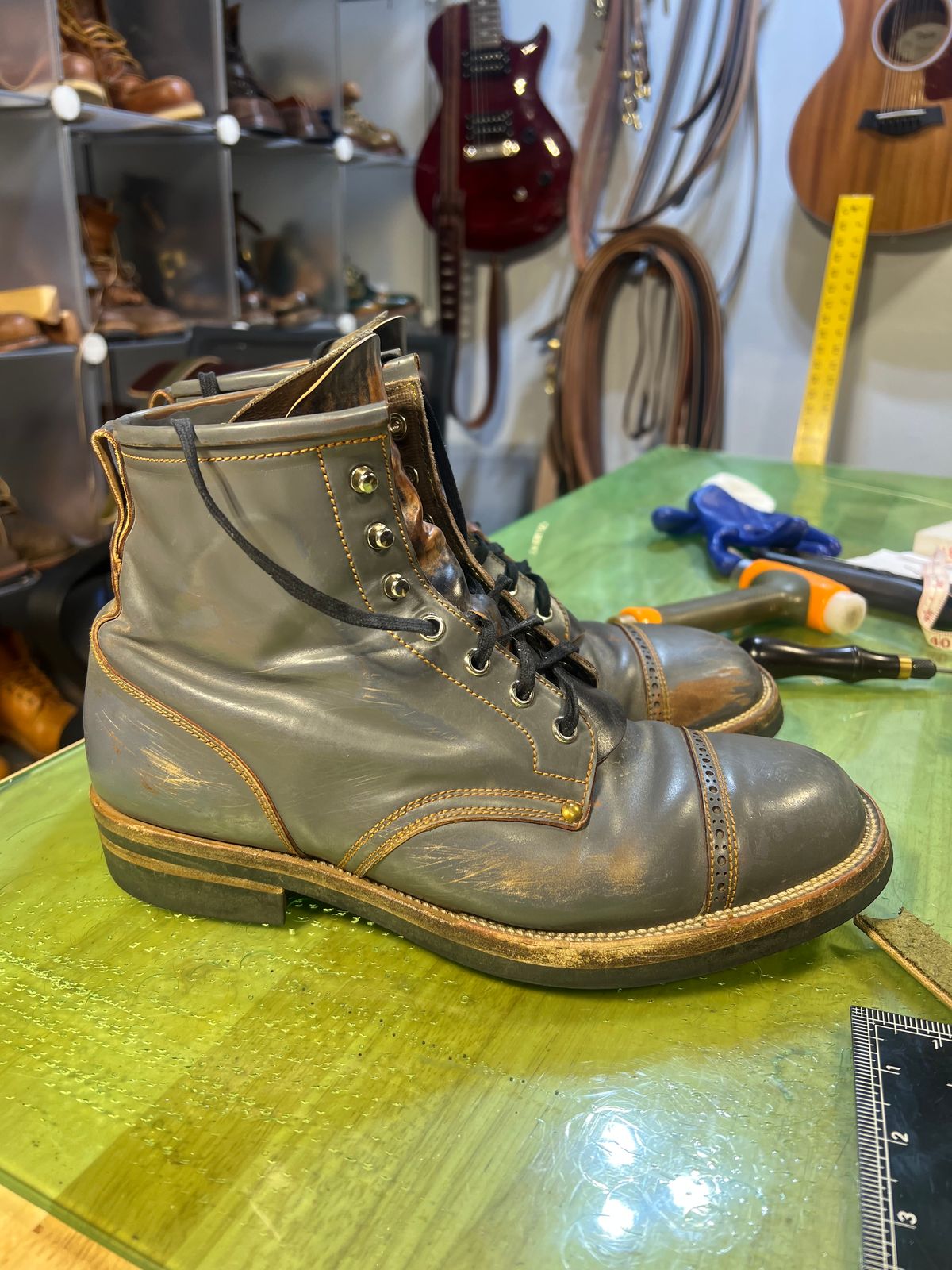 Photo by DalesLeatherworks on March 6, 2025 of the Iron Boots The Chosen One in Maryam Grigio Shell Cordovan.