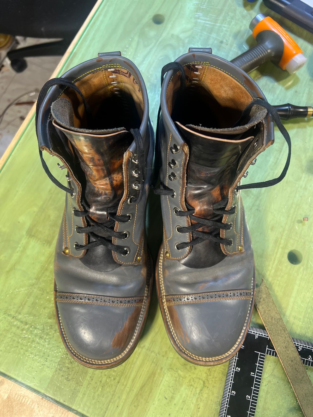 Photo by DalesLeatherworks on March 6, 2025 of the Iron Boots The Chosen One in Maryam Grigio Shell Cordovan.