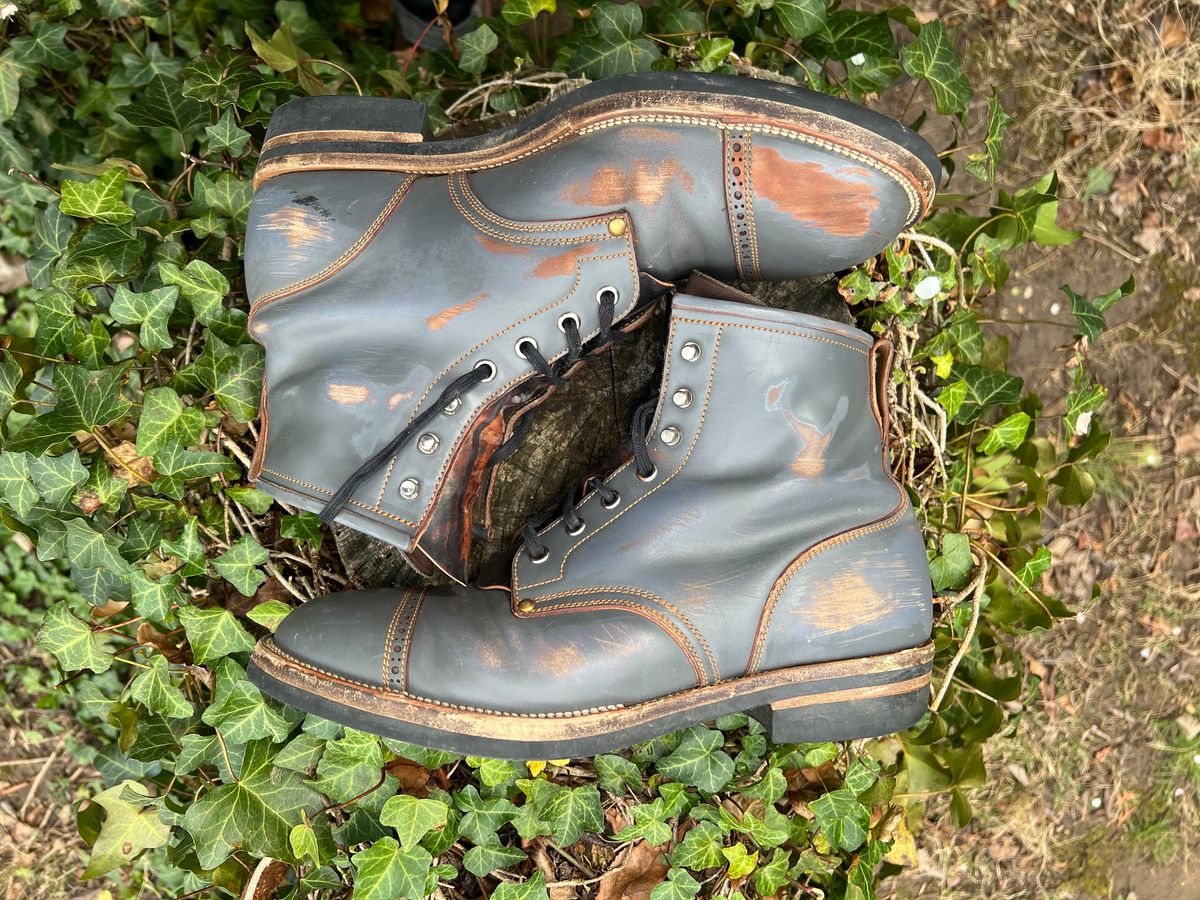 Photo by DalesLeatherworks on April 4, 2025 of the Iron Boots The Chosen One in Maryam Grigio Shell Cordovan.