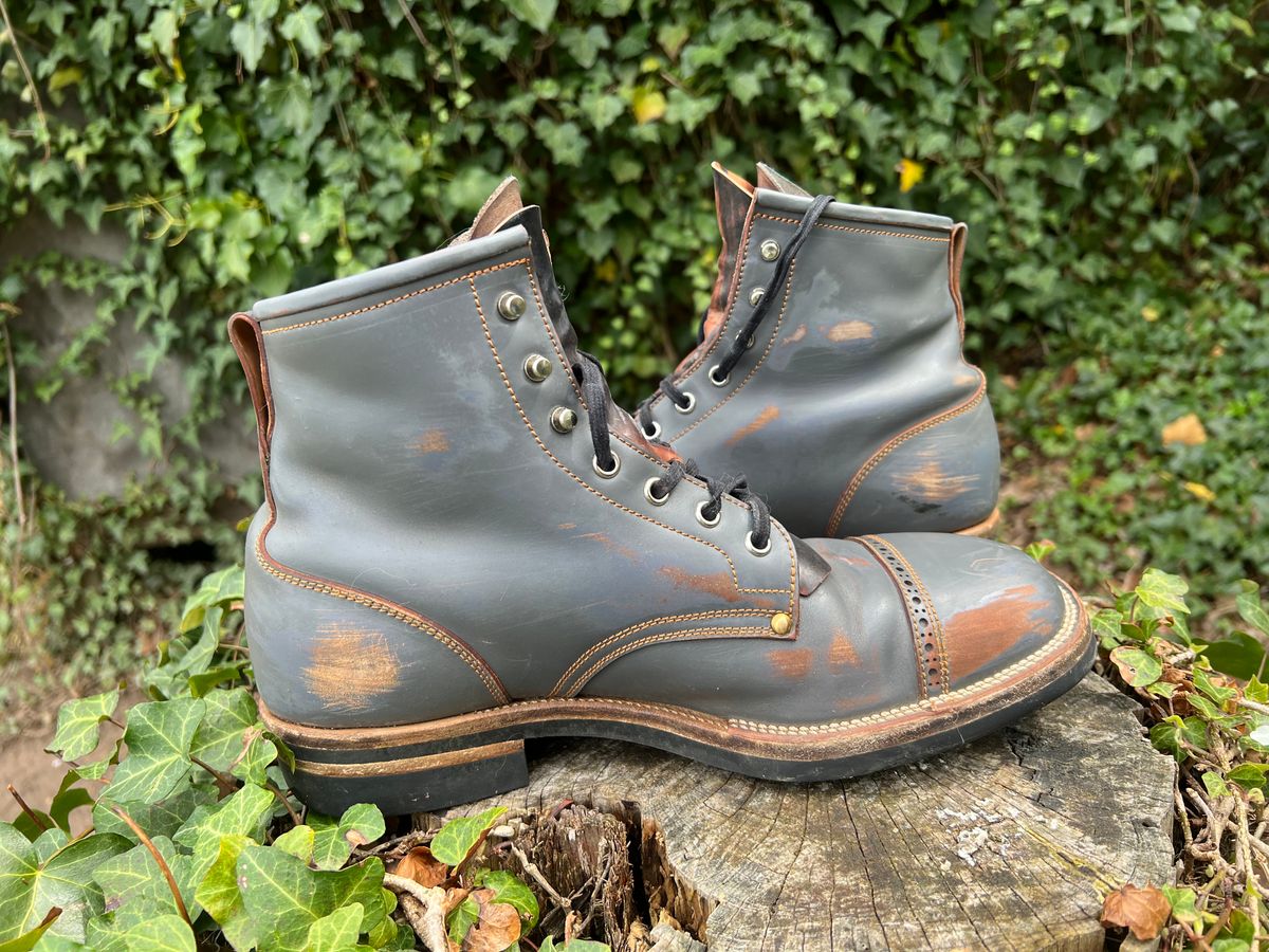 Photo by DalesLeatherworks on April 4, 2025 of the Iron Boots The Chosen One in Maryam Grigio Shell Cordovan.