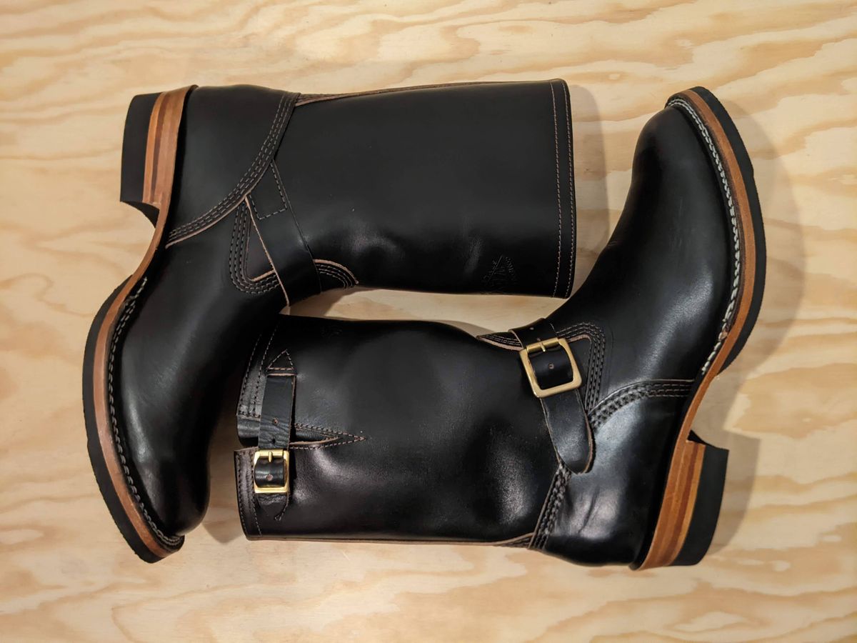 Photo by GrievanceMachinery on October 1, 2023 of the Wesco Mister Lou in Horween Black Chromexcel Horsehide.