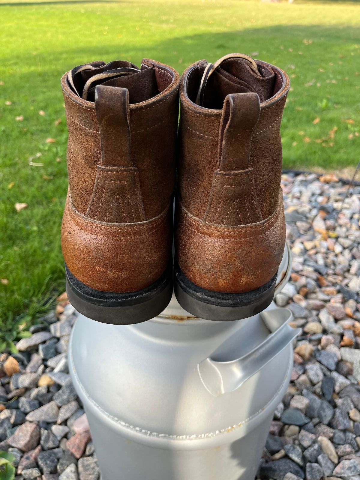 Photo by Gmetal64 on October 1, 2025 of the Nicks Moc Toe in 64 Brown Roughout Over Ember Waxed Flesh.