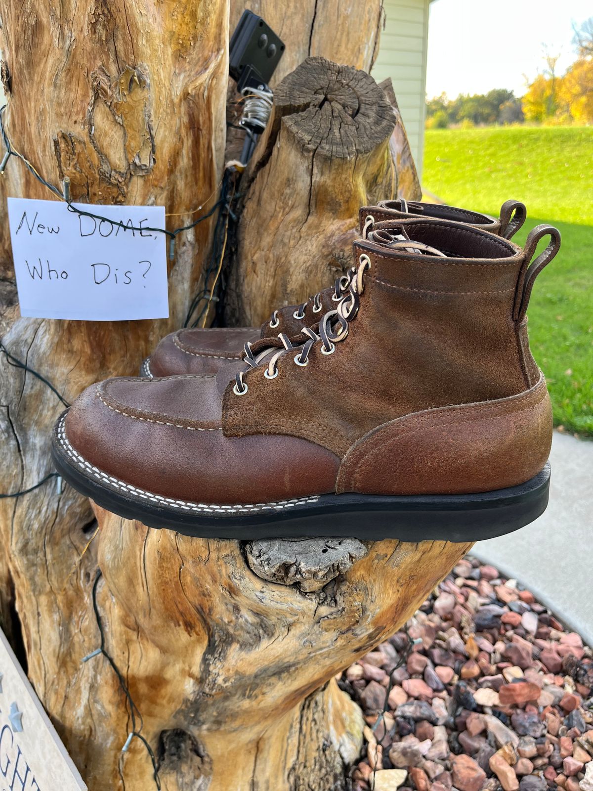 Photo by Gmetal64 on October 1, 2025 of the Nicks Moc Toe in 64 Brown Roughout Over Ember Waxed Flesh.