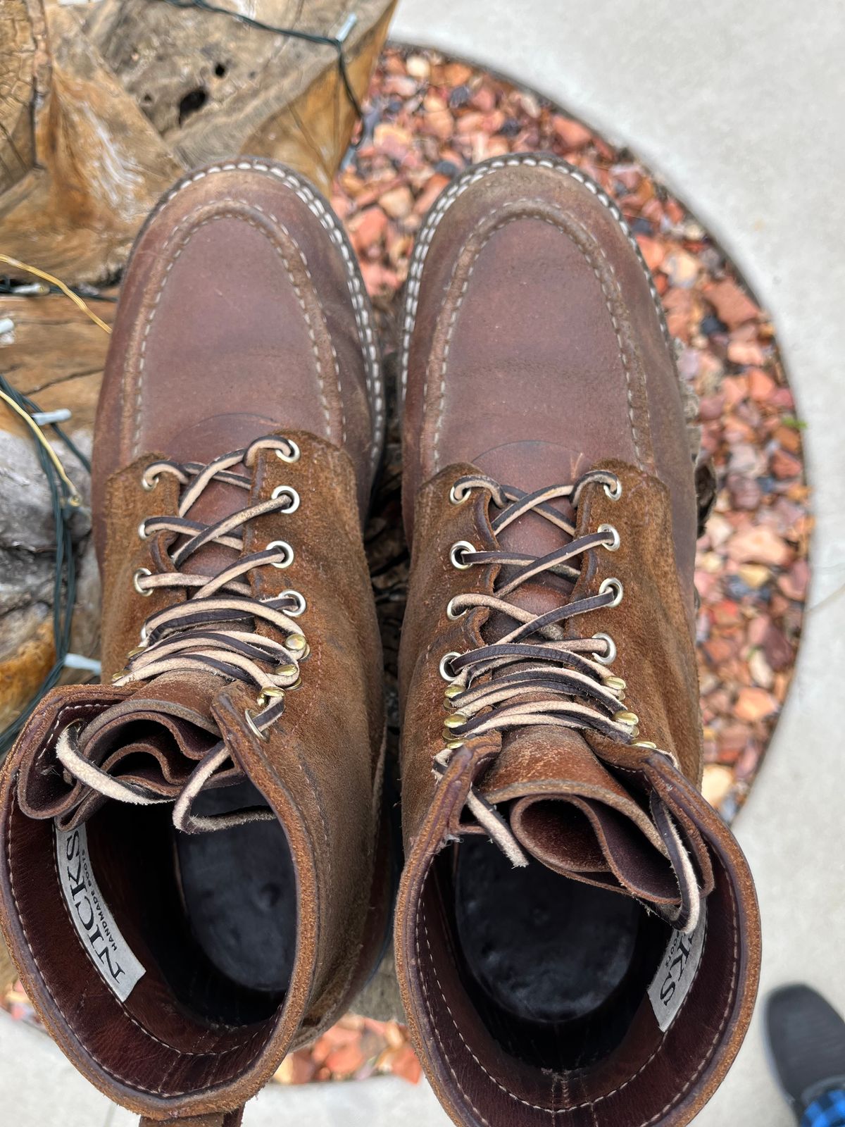 Photo by Gmetal64 on November 1, 2025 of the Nicks Moc Toe in 64 Brown Roughout Over Horween Ember Waxed Flesh.