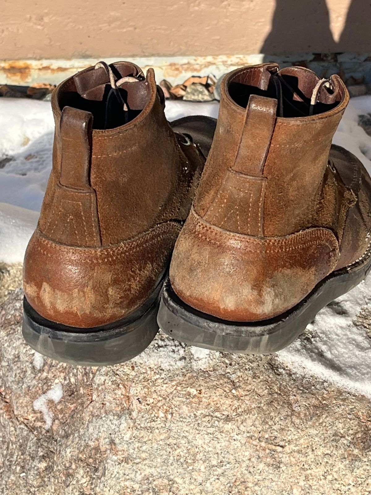 Photo by Gmetal64 on December 1, 2025 of the Nicks Moc Toe in 64 Brown Roughout Over Horween Ember Waxed Flesh.