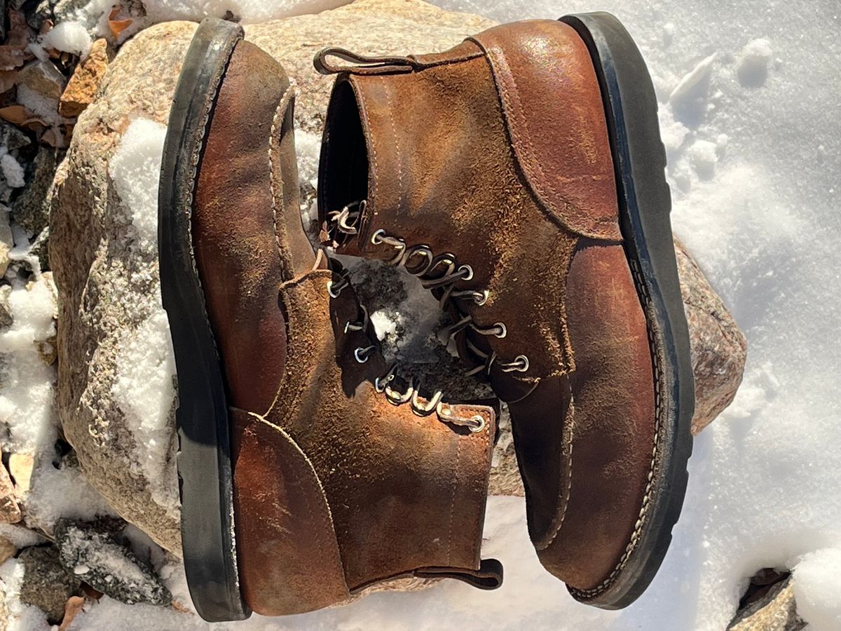 Photo by Gmetal64 on December 1, 2025 of the Nicks Moc Toe in 64 Brown Roughout Over Horween Ember Waxed Flesh.