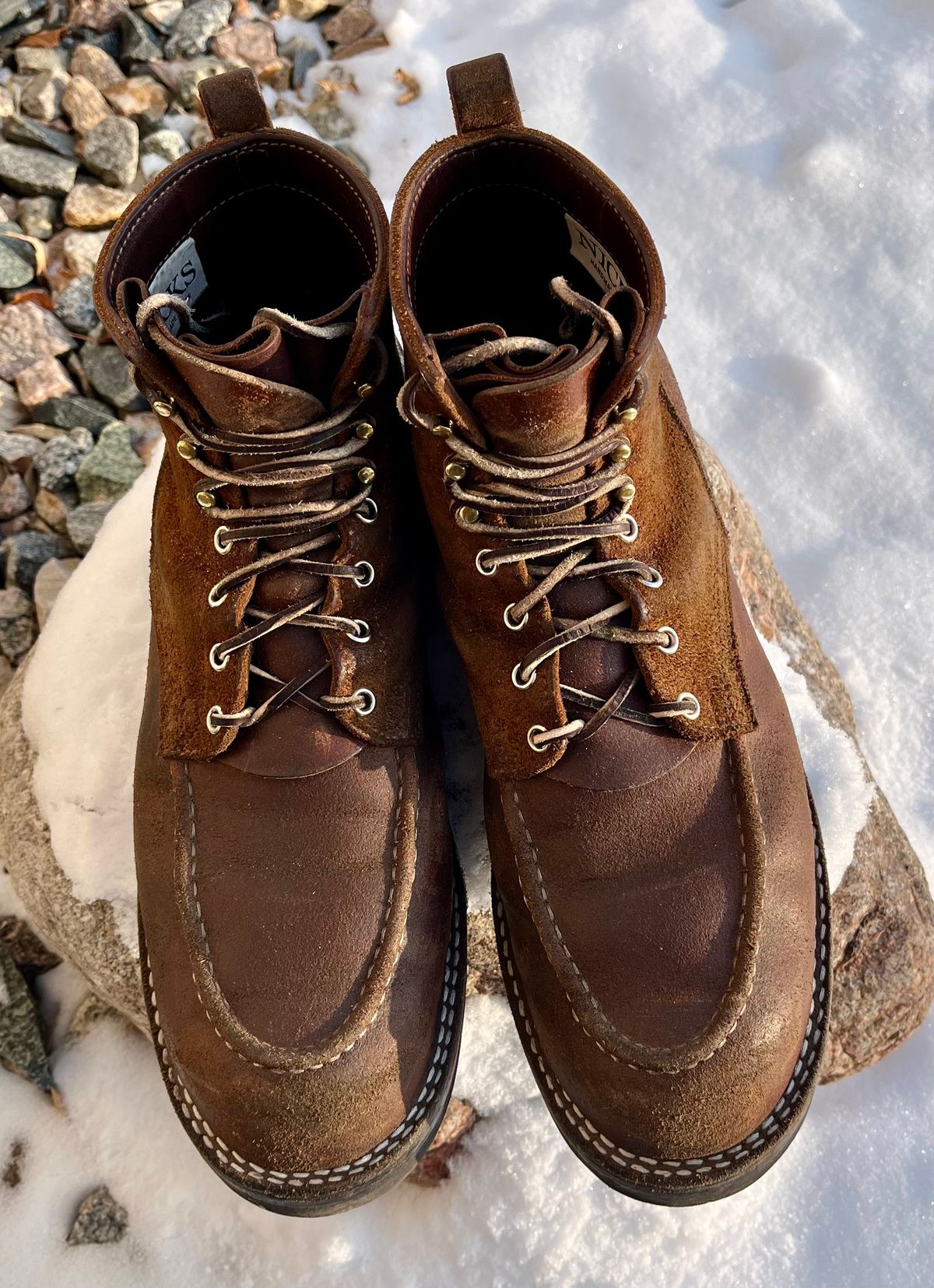 Photo by Gmetal64 on November 30, 2025 of the Nicks Moc Toe in 64 Brown Roughout Over Horween Ember Waxed Flesh.