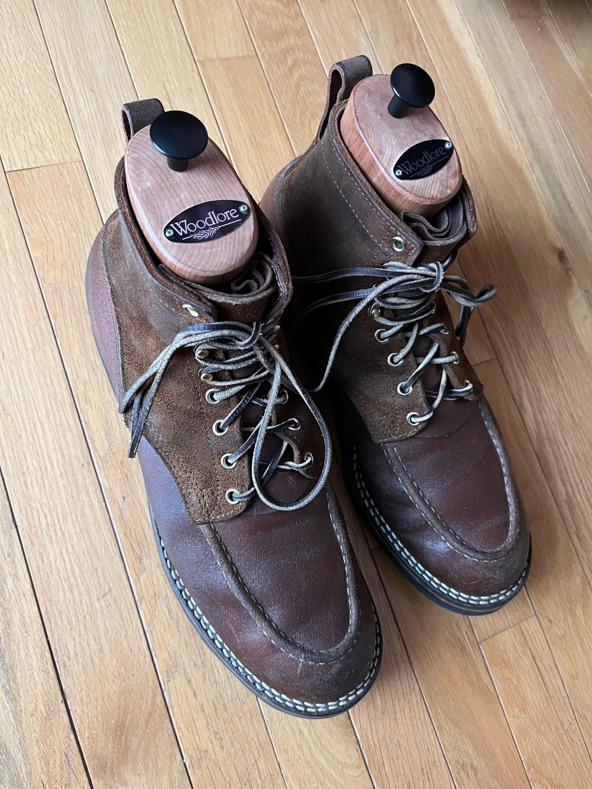 Photo by Gmetal64 on December 25, 2025 of the Nicks Moc Toe in 64 Brown Roughout Over Horween Ember Waxed Flesh.