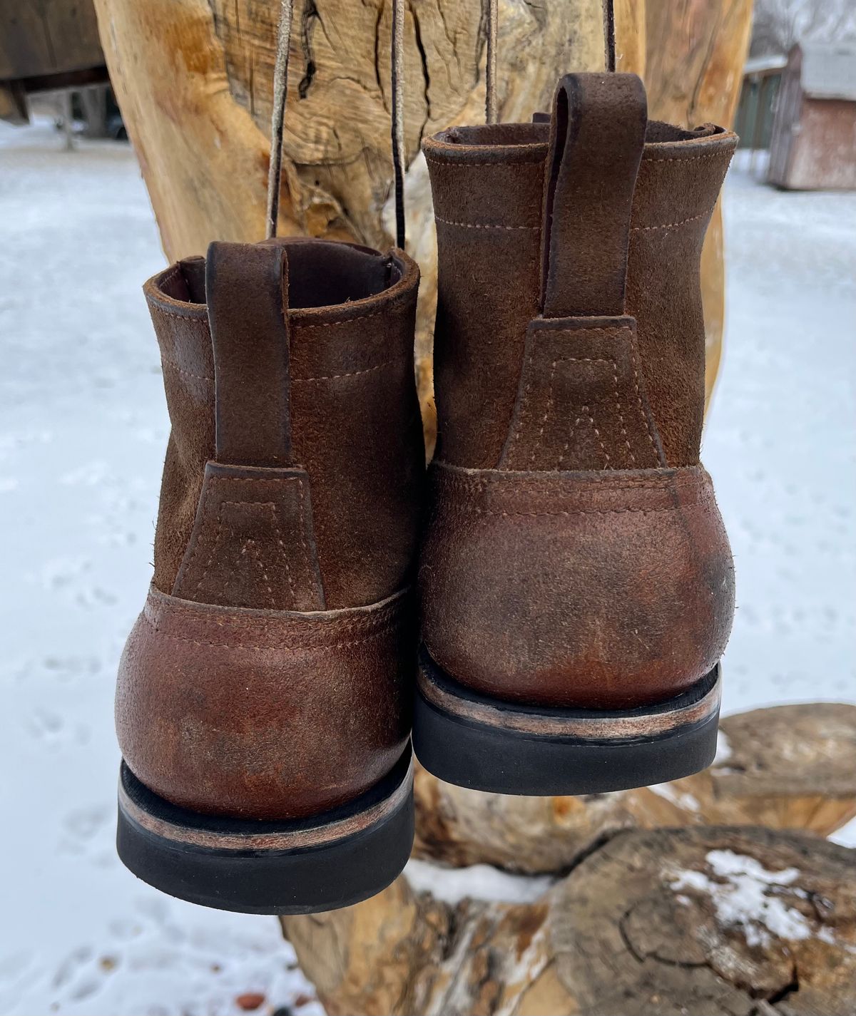 Photo by Gmetal64 on December 24, 2025 of the Nicks Moc Toe in 64 Brown Roughout Over Horween Ember Waxed Flesh.
