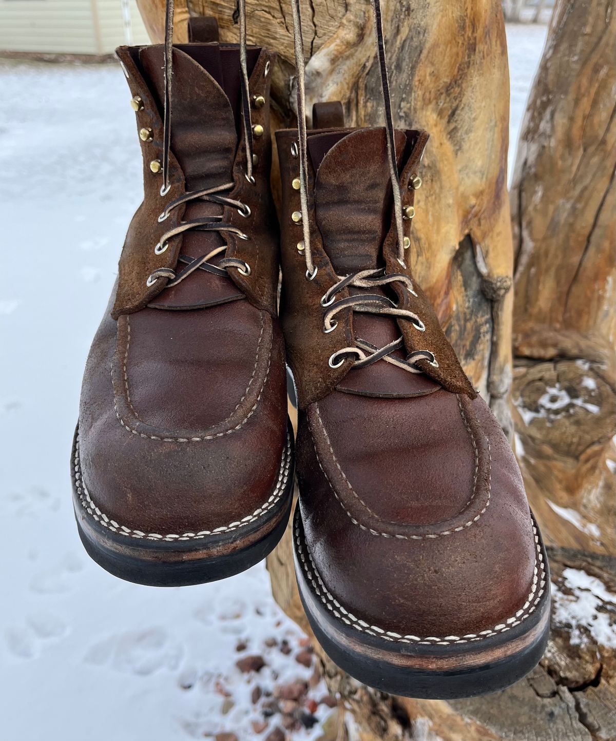 Photo by Gmetal64 on December 24, 2025 of the Nicks Moc Toe in 64 Brown Roughout Over Horween Ember Waxed Flesh.