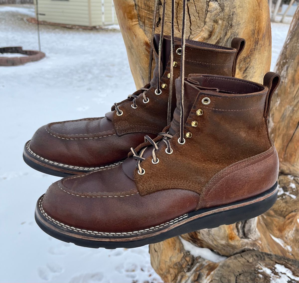 Photo by Gmetal64 on December 24, 2025 of the Nicks Moc Toe in 64 Brown Roughout Over Horween Ember Waxed Flesh.