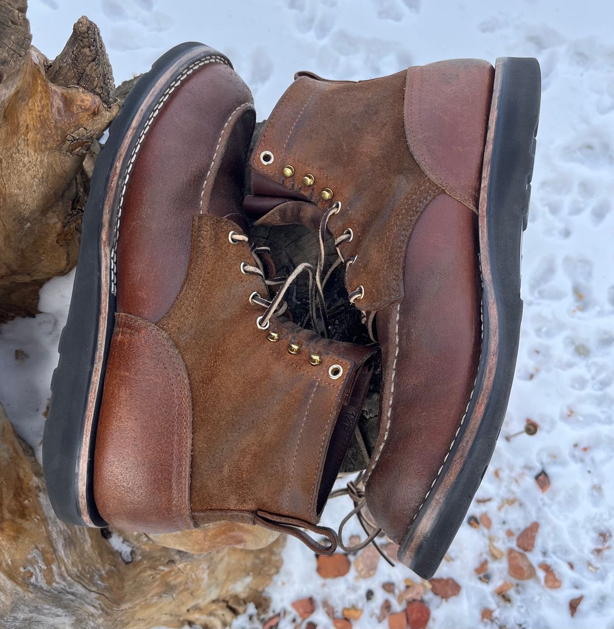 Photo by Gmetal64 on December 24, 2025 of the Nicks Moc Toe in 64 Brown Roughout Over Horween Ember Waxed Flesh.