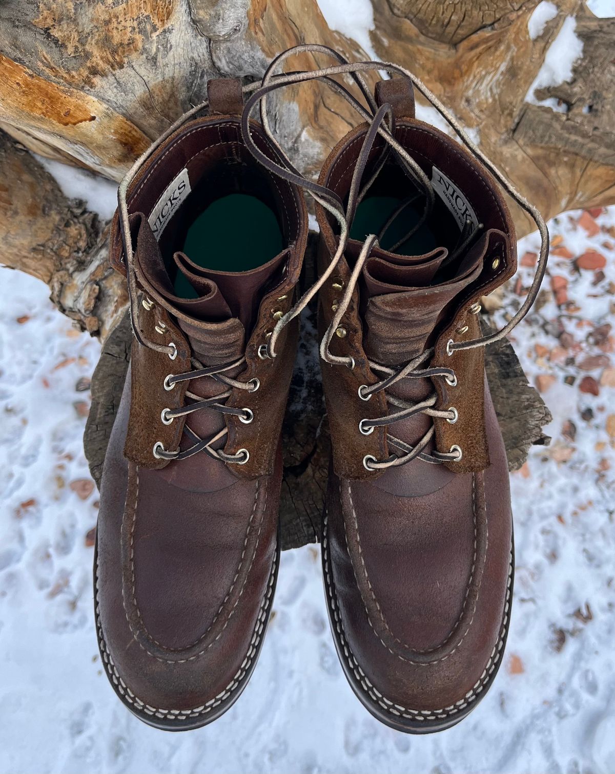 Photo by Gmetal64 on December 24, 2025 of the Nicks Moc Toe in 64 Brown Roughout Over Horween Ember Waxed Flesh.