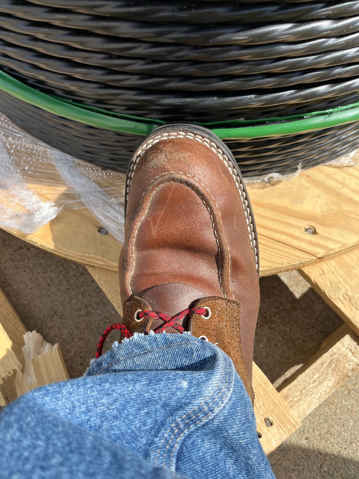 Photo by Gmetal64 on August 13, 2025 of the Nicks Moc Toe in 64 Brown Roughout Over Horween Ember Waxed Flesh.