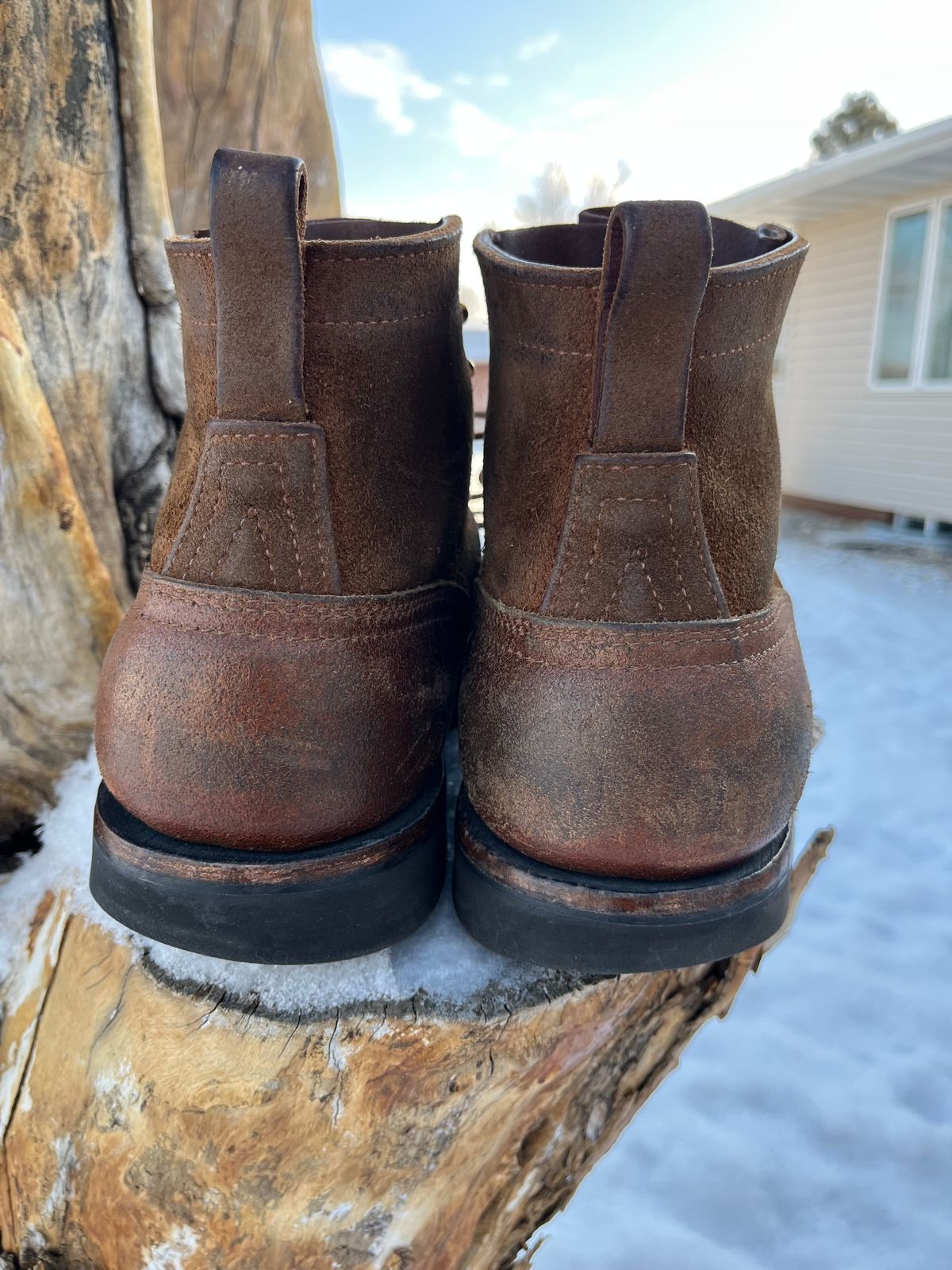 Photo by Gmetal64 on March 1, 2026 of the Nicks Moc Toe in 64 Brown Roughout Over Horween Ember Waxed Flesh.