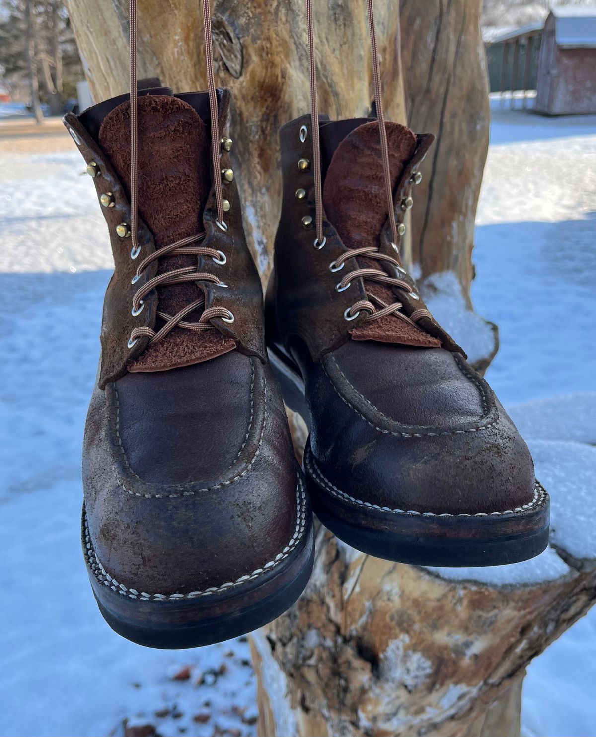 Photo by Gmetal64 on March 1, 2026 of the Nicks Moc Toe in 64 Brown Roughout Over Horween Ember Waxed Flesh.