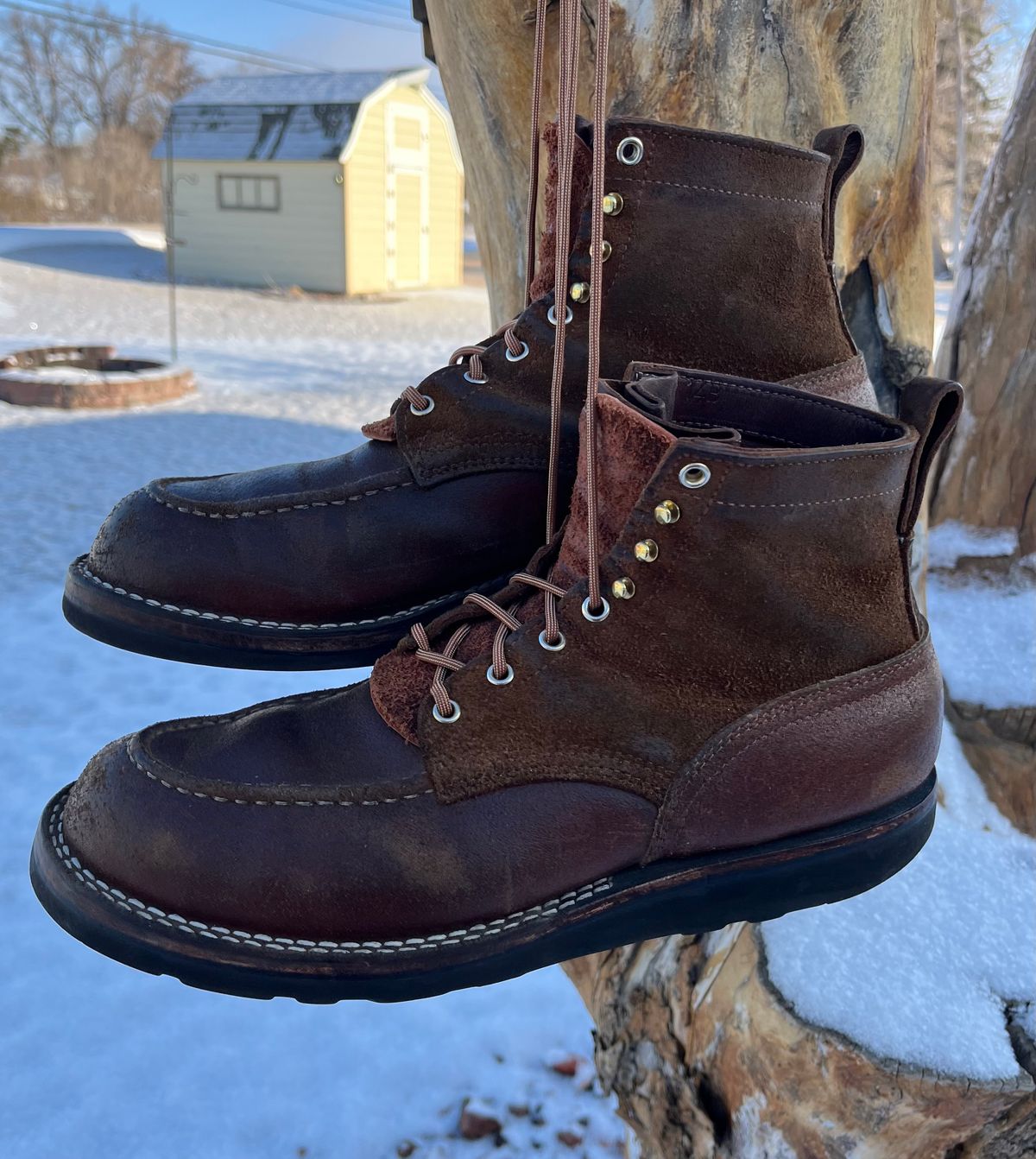 Photo by Gmetal64 on March 1, 2026 of the Nicks Moc Toe in 64 Brown Roughout Over Horween Ember Waxed Flesh.