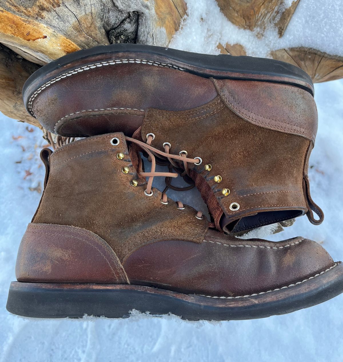 Photo by Gmetal64 on March 1, 2026 of the Nicks Moc Toe in 64 Brown Roughout Over Horween Ember Waxed Flesh.
