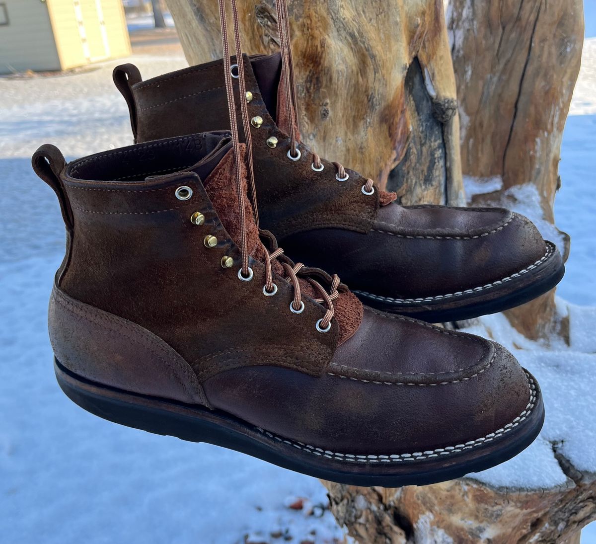 Photo by Gmetal64 on March 1, 2026 of the Nicks Moc Toe in 64 Brown Roughout Over Horween Ember Waxed Flesh.