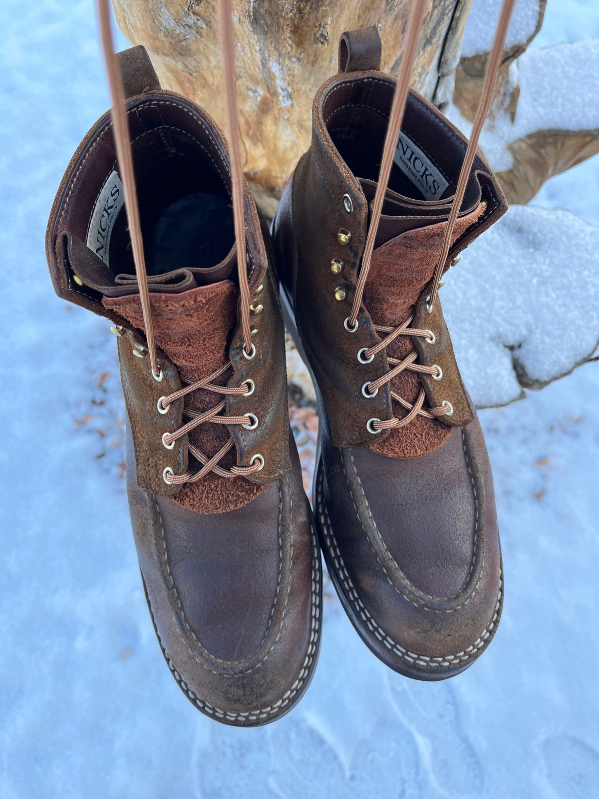 Photo by Gmetal64 on March 1, 2026 of the Nicks Moc Toe in 64 Brown Roughout Over Horween Ember Waxed Flesh.
