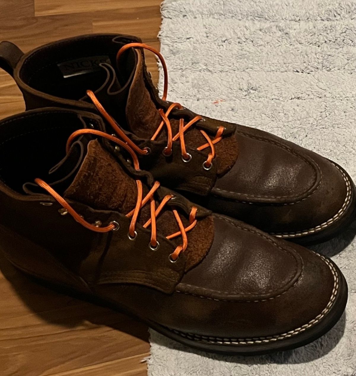Photo by Gmetal64 on March 11, 2026 of the Nicks Moc Toe in 64 Brown Roughout Over Horween Ember Waxed Flesh.