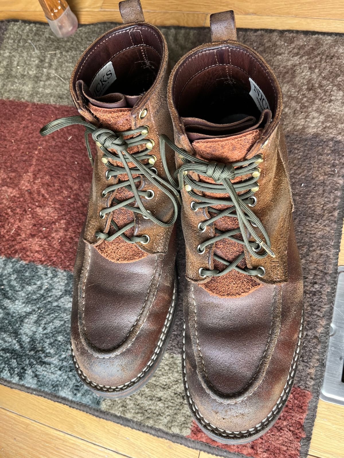 Photo by Gmetal64 on March 13, 2026 of the Nicks Moc Toe in 64 Brown Roughout Over Horween Ember Waxed Flesh.
