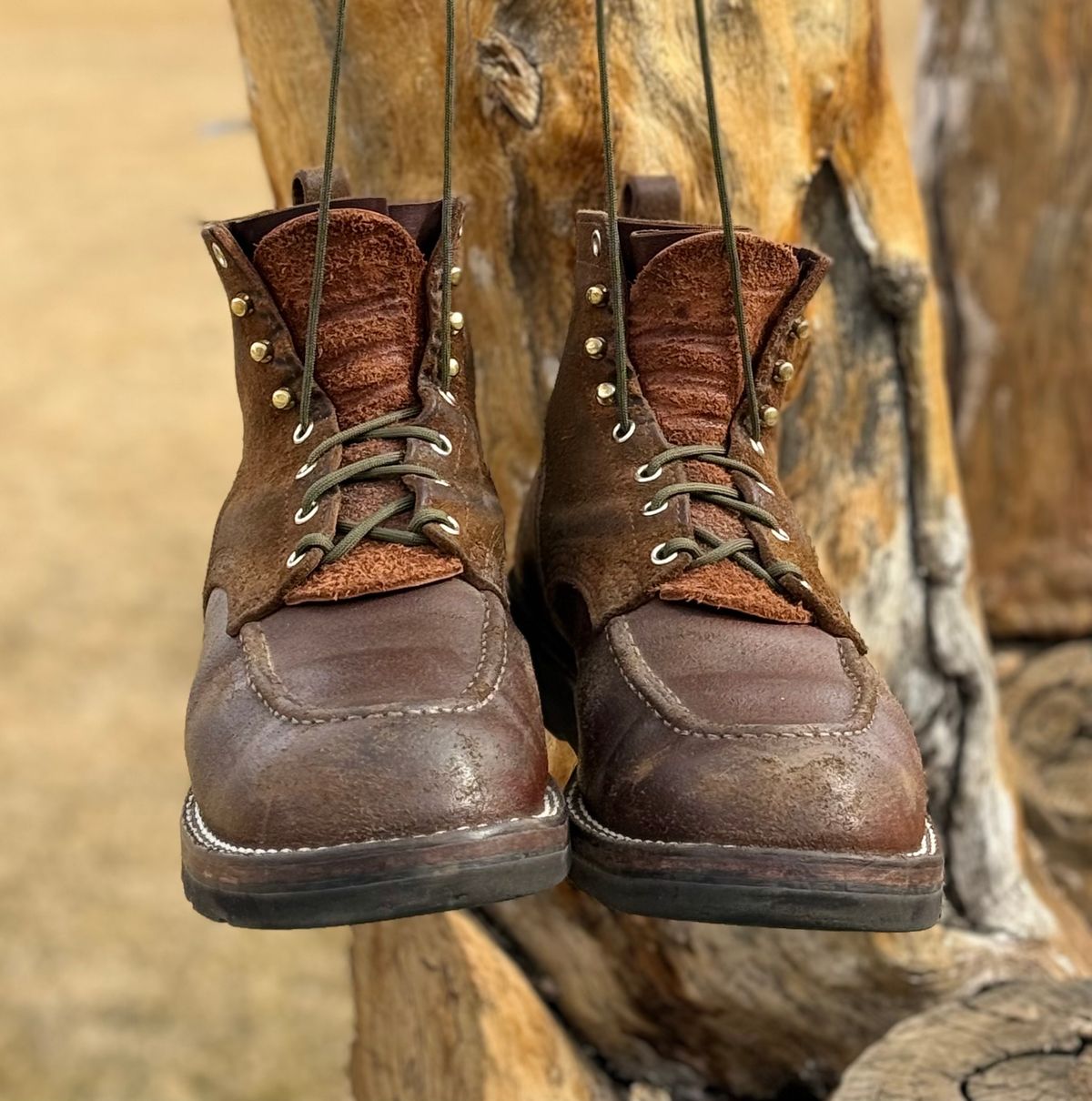 Photo by Gmetal64 on March 28, 2026 of the Nicks Moc Toe in 64 Brown Roughout Over Horween Ember Waxed Flesh.
