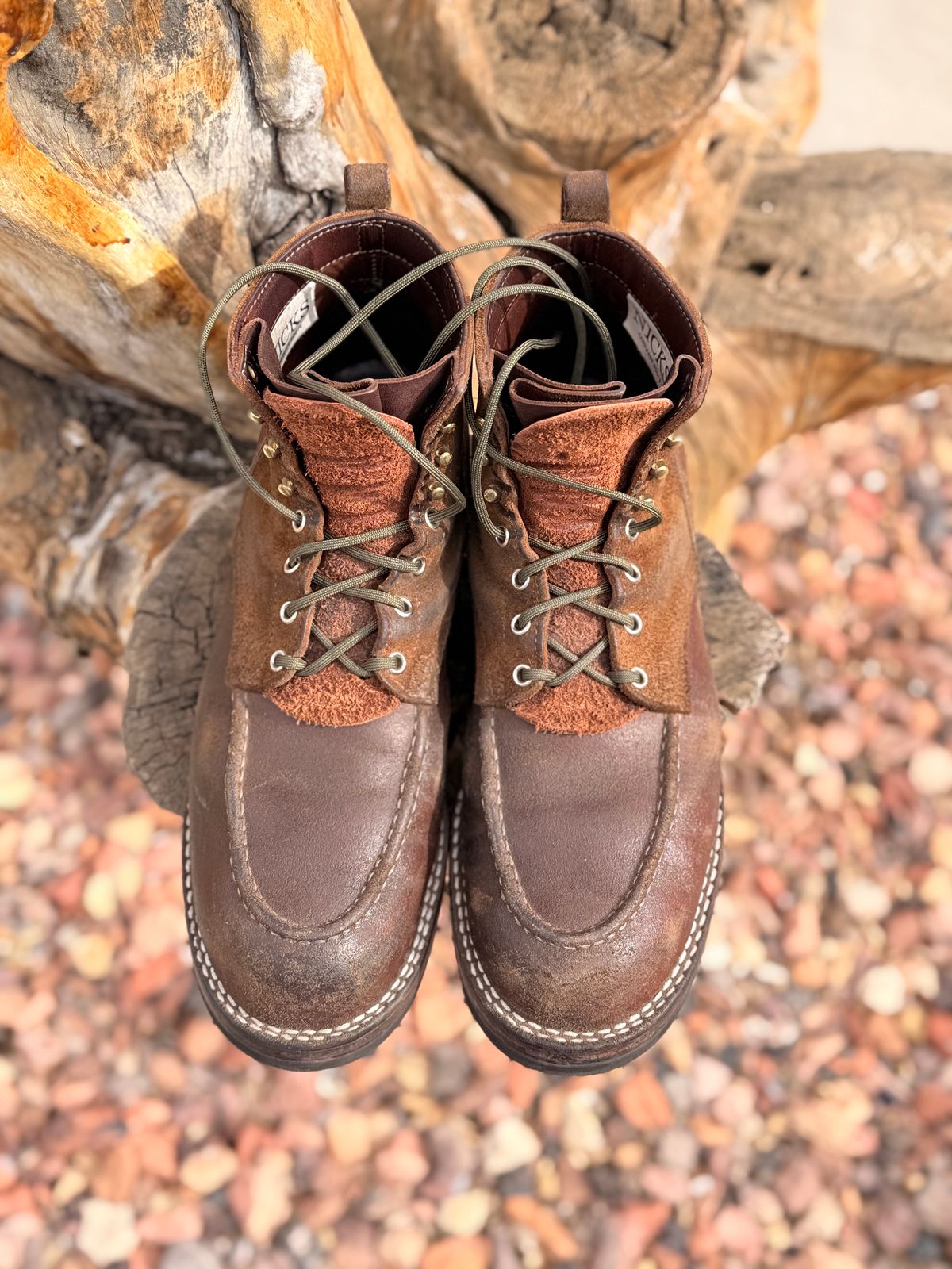 Photo by Gmetal64 on March 28, 2026 of the Nicks Moc Toe in 64 Brown Roughout Over Horween Ember Waxed Flesh.