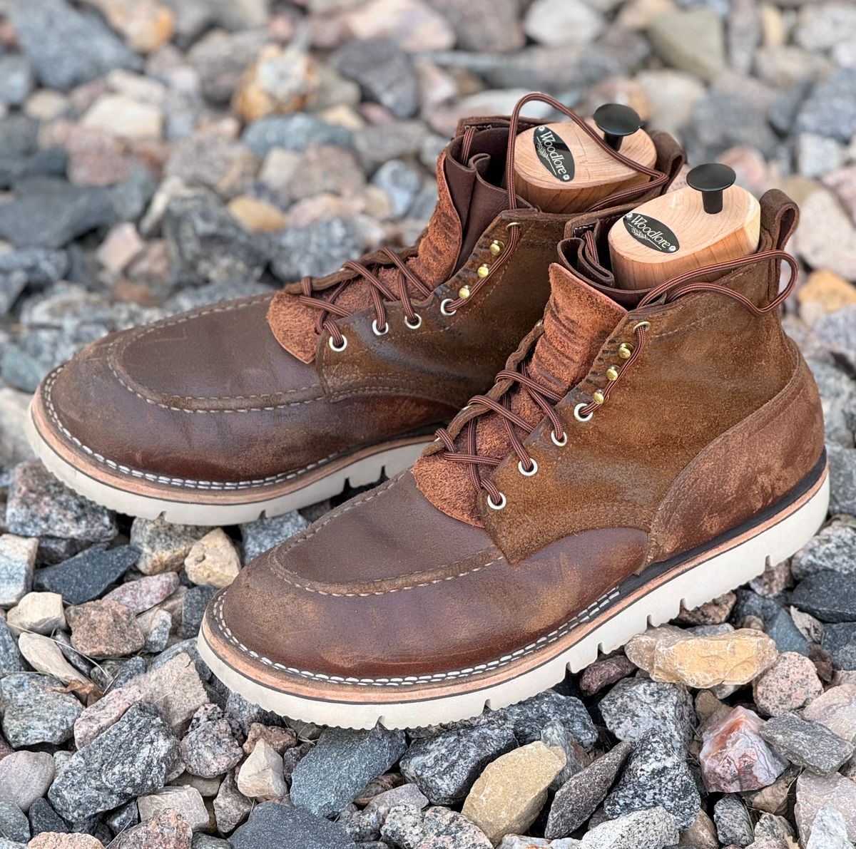 Photo by Gmetal64 on June 6, 2026 of the Nicks Moc Toe in 64 Brown Roughout Over Horween Ember Waxed Flesh.