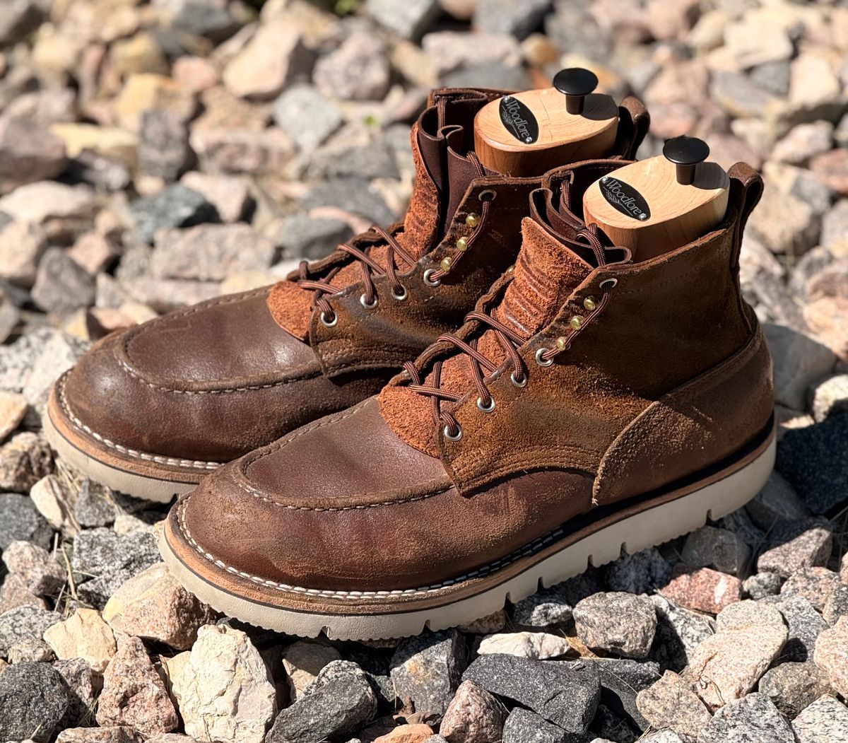 Photo by Gmetal64 on June 6, 2026 of the Nicks Moc Toe in 64 Brown Roughout Over Horween Ember Waxed Flesh.