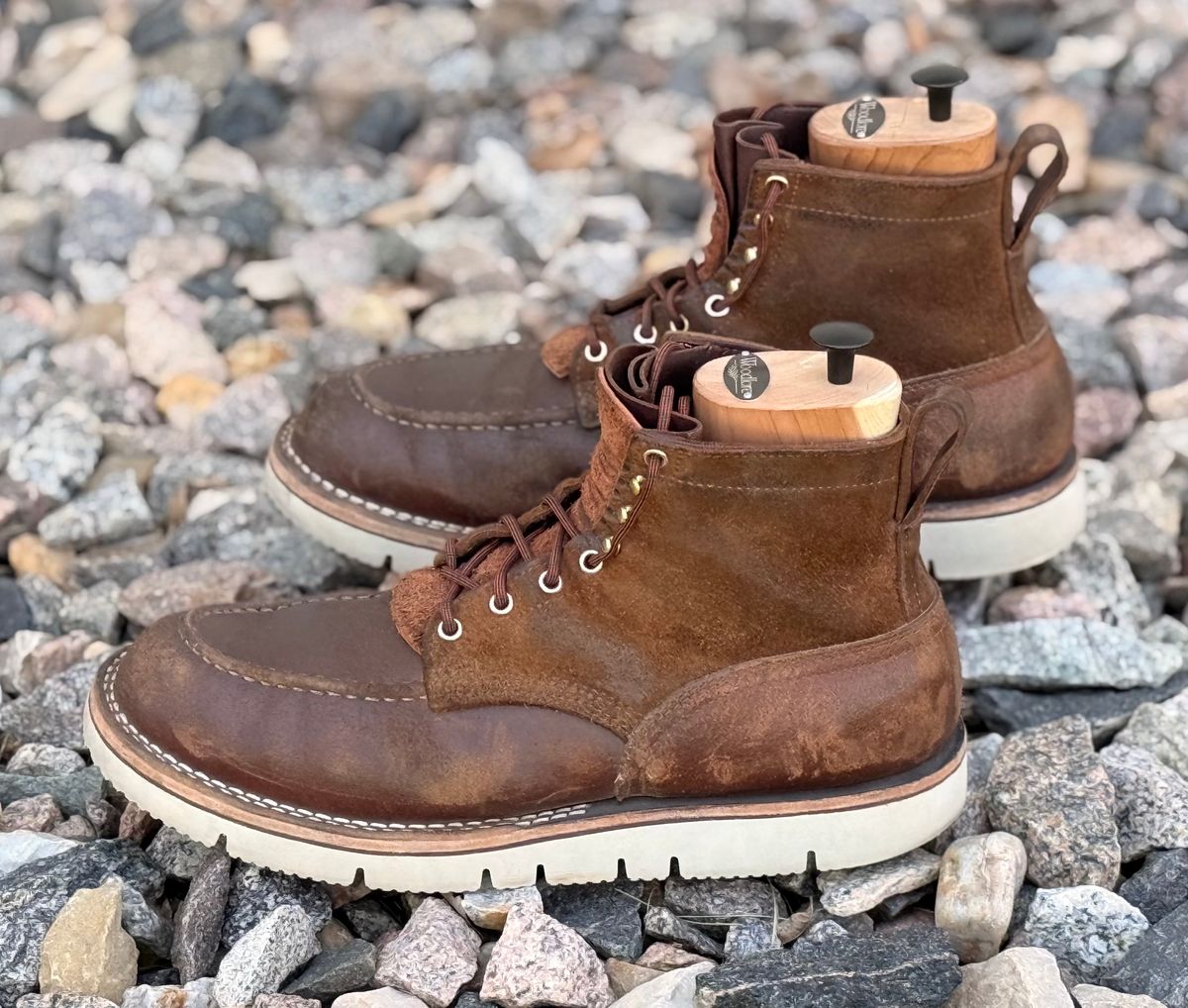 Photo by Gmetal64 on June 6, 2026 of the Nicks Moc Toe in 64 Brown Roughout Over Horween Ember Waxed Flesh.