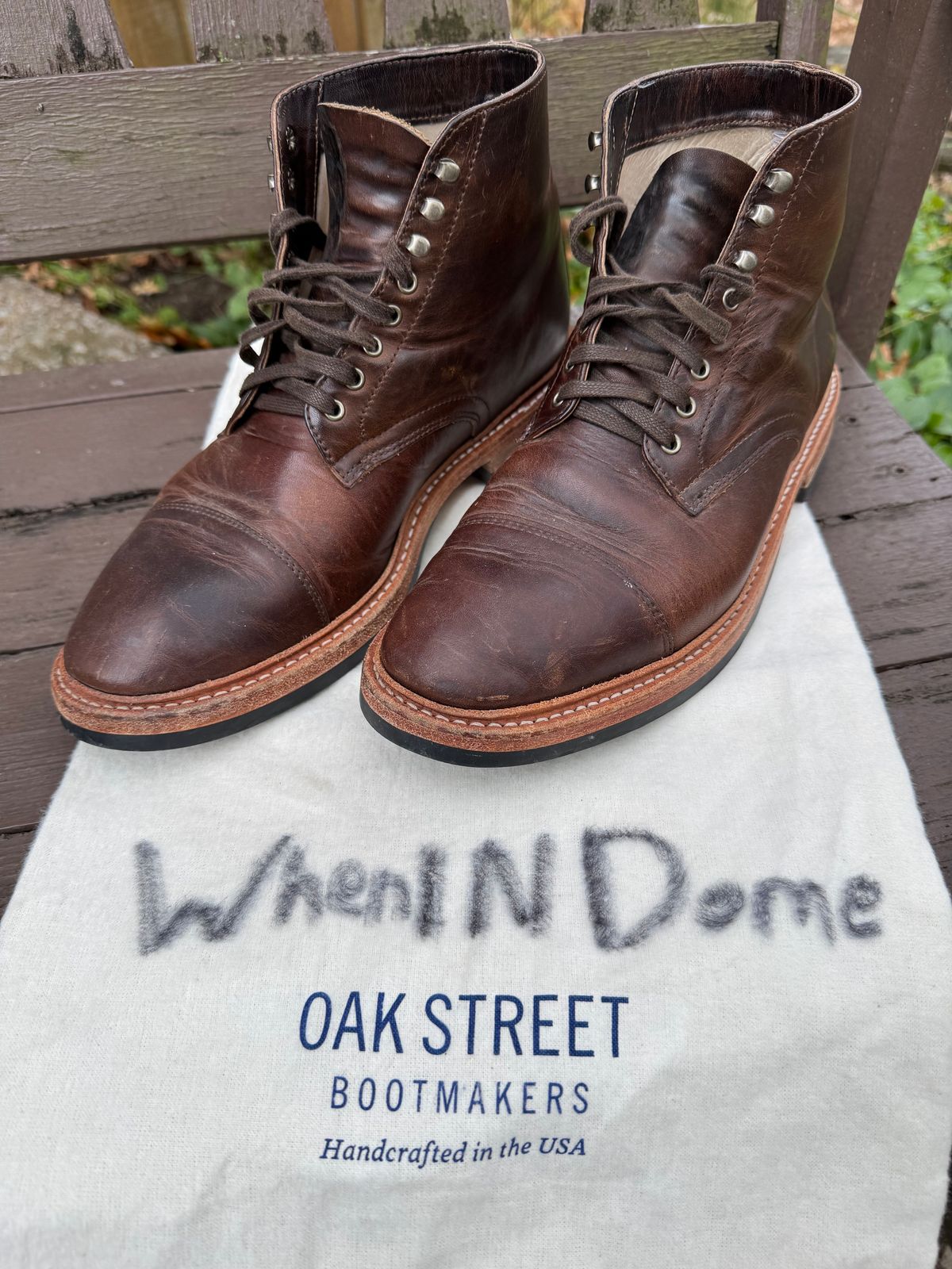 Photo by missouridenimdad on November 2, 2024 of the Oak Street Bootmakers Lakeshore Boot in Horween Brown Nut Dublin.