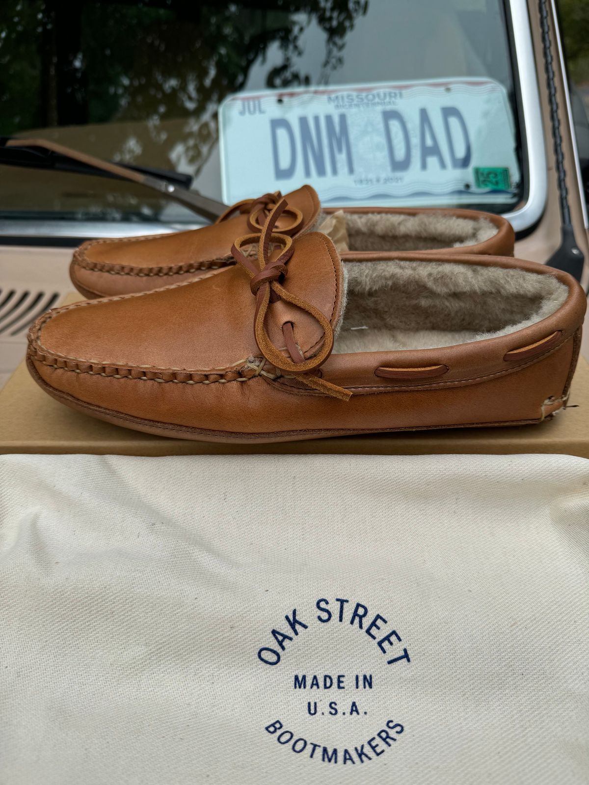 Photo by missouridenimdad on September 12, 2024 of the Oak Street Bootmakers Shearling House Moc in Horween Natural Chromexcel.