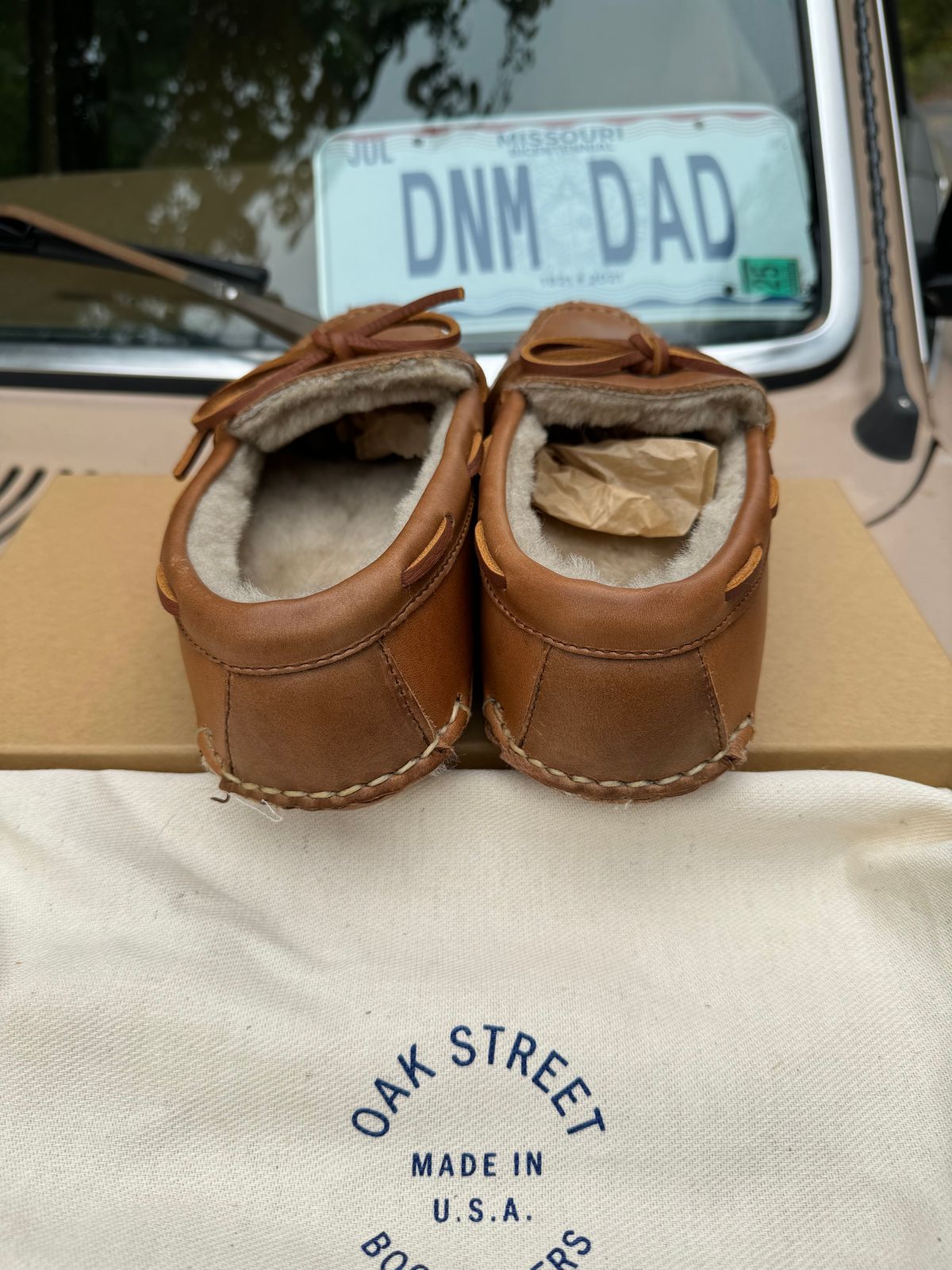 Photo by missouridenimdad on September 12, 2024 of the Oak Street Bootmakers Shearling House Moc in Horween Natural Chromexcel.