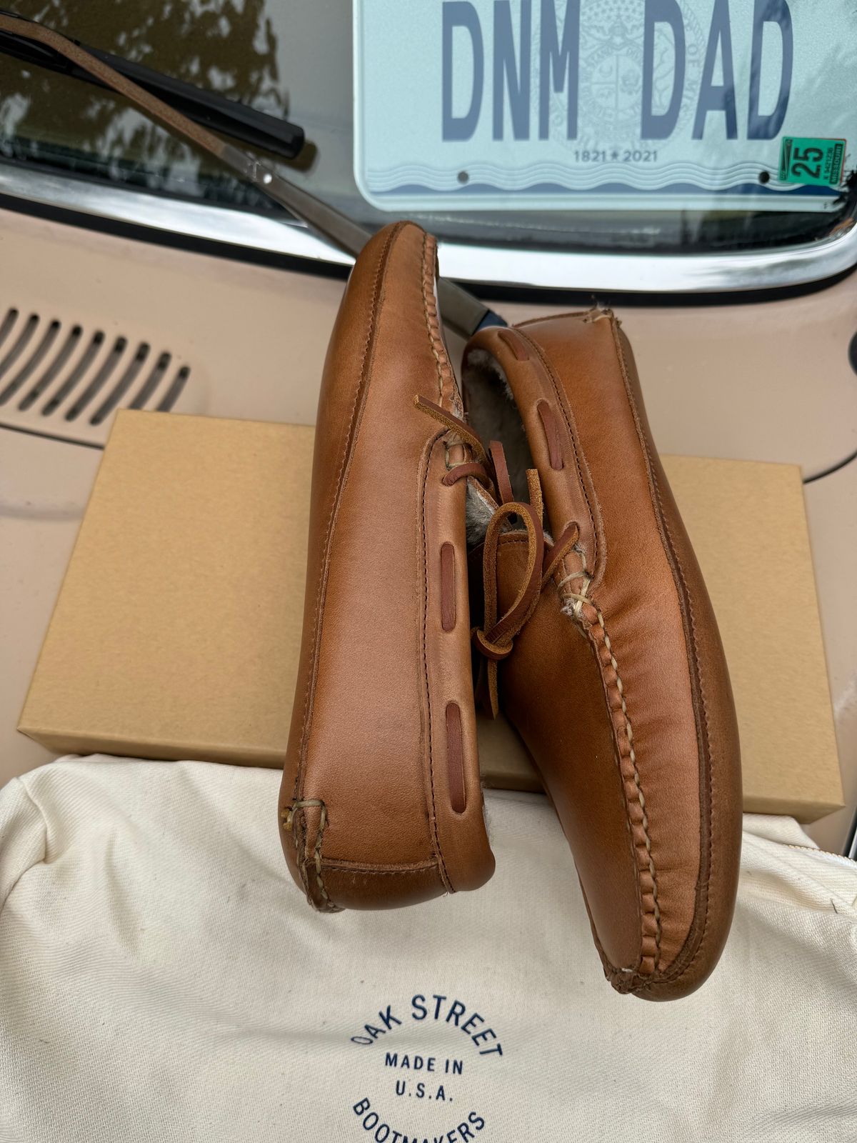 Photo by missouridenimdad on September 12, 2024 of the Oak Street Bootmakers Shearling House Moc in Horween Natural Chromexcel.