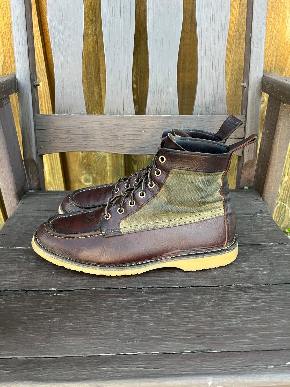 Photo by missouridenimdad on April 3, 2023 of the Red Wing Weekender Canvas Moc in Unlisted Leather.