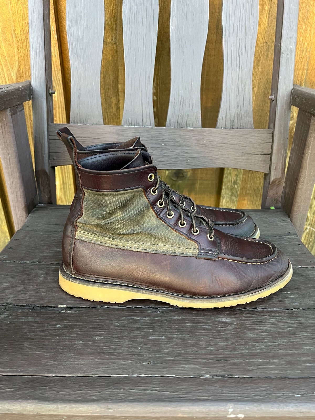 Photo by missouridenimdad on April 3, 2023 of the Red Wing Weekender Canvas Moc in Unlisted Leather.