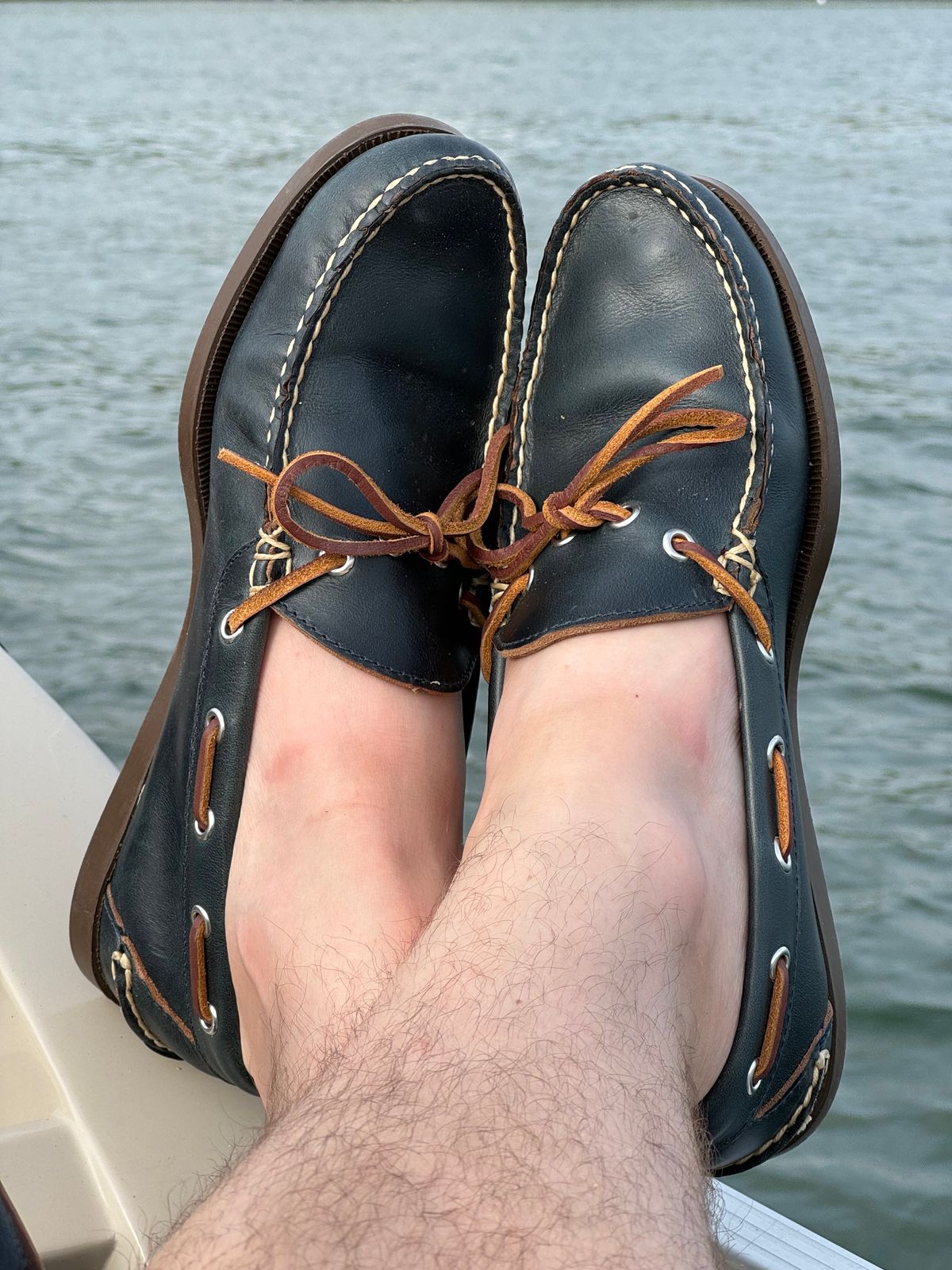 Photo by missouridenimdad on June 2, 2024 of the Oak Street Bootmakers Camp Moc in Horween Navy Chromexcel.