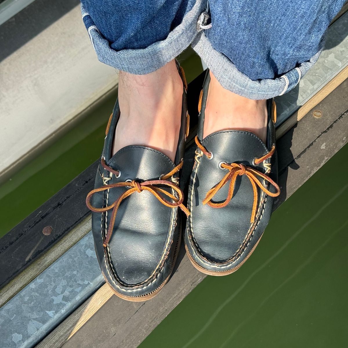 Photo by missouridenimdad on June 3, 2024 of the Oak Street Bootmakers Camp Moc in Horween Navy Chromexcel.