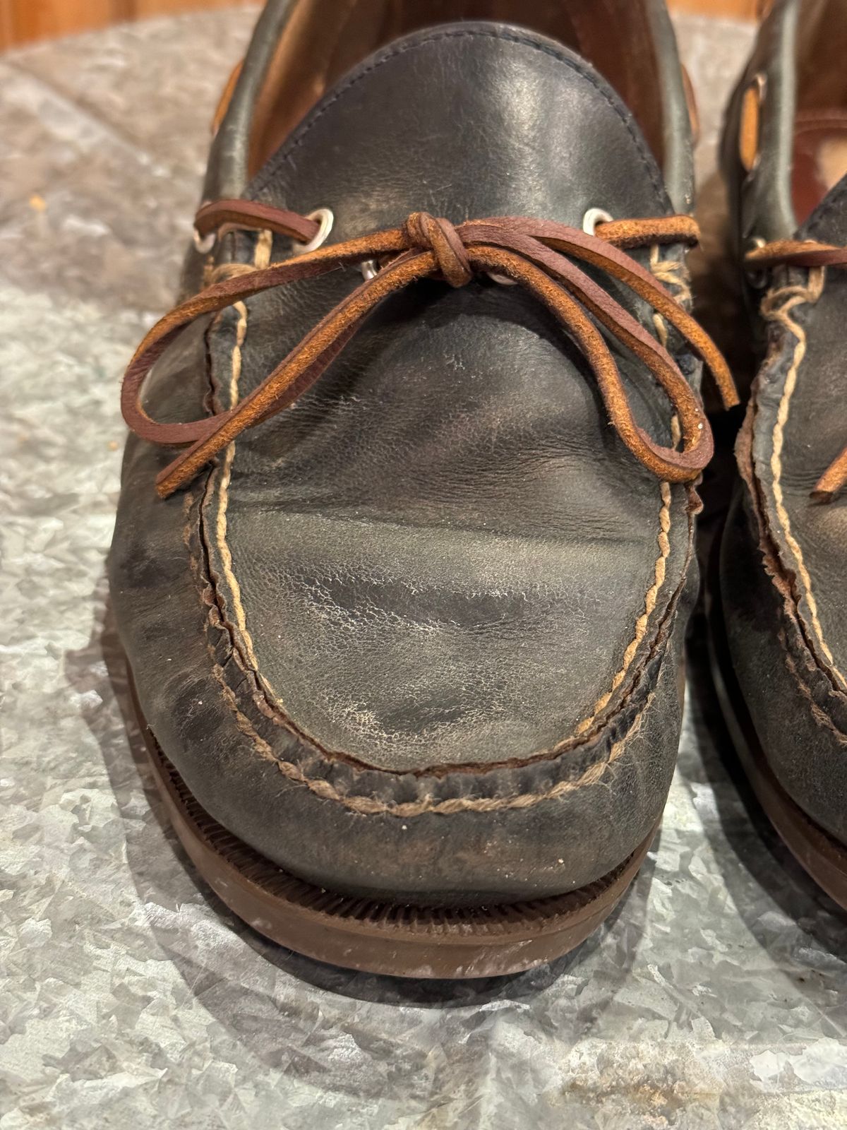 Photo by missouridenimdad on July 24, 2024 of the Oak Street Bootmakers Camp Moc in Horween Navy Chromexcel.