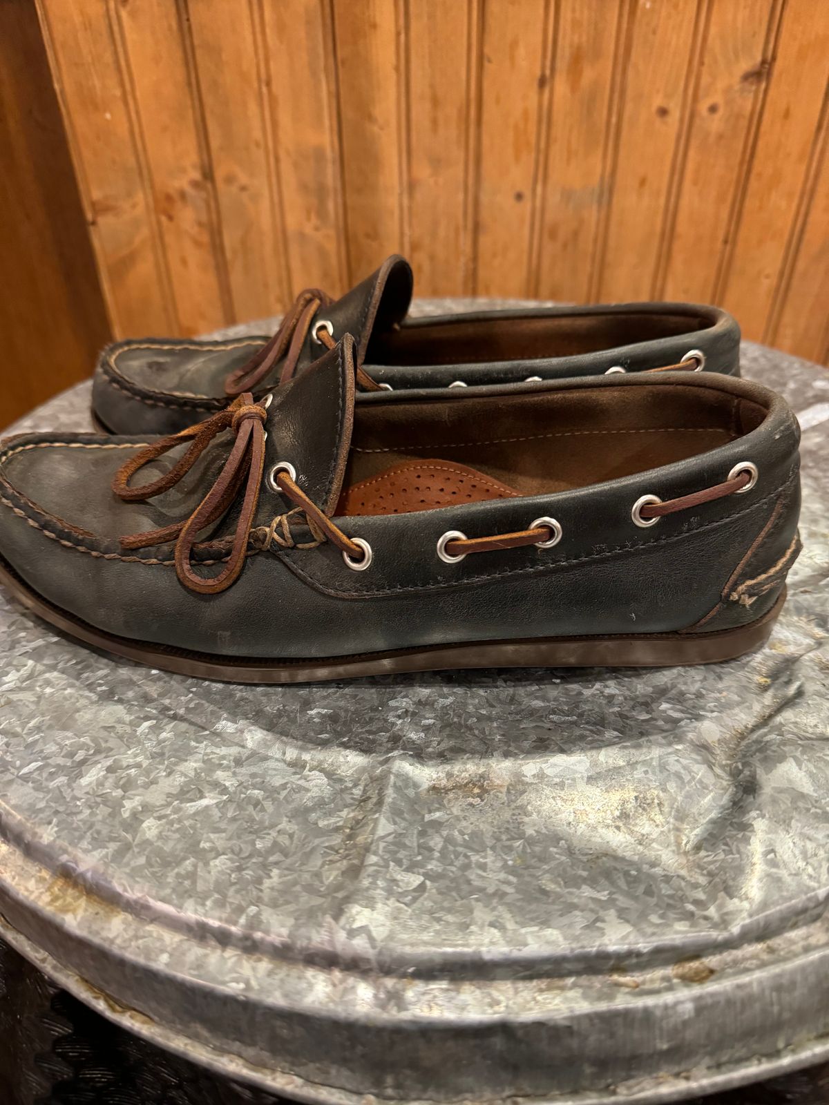 Photo by missouridenimdad on July 24, 2024 of the Oak Street Bootmakers Camp Moc in Horween Navy Chromexcel.