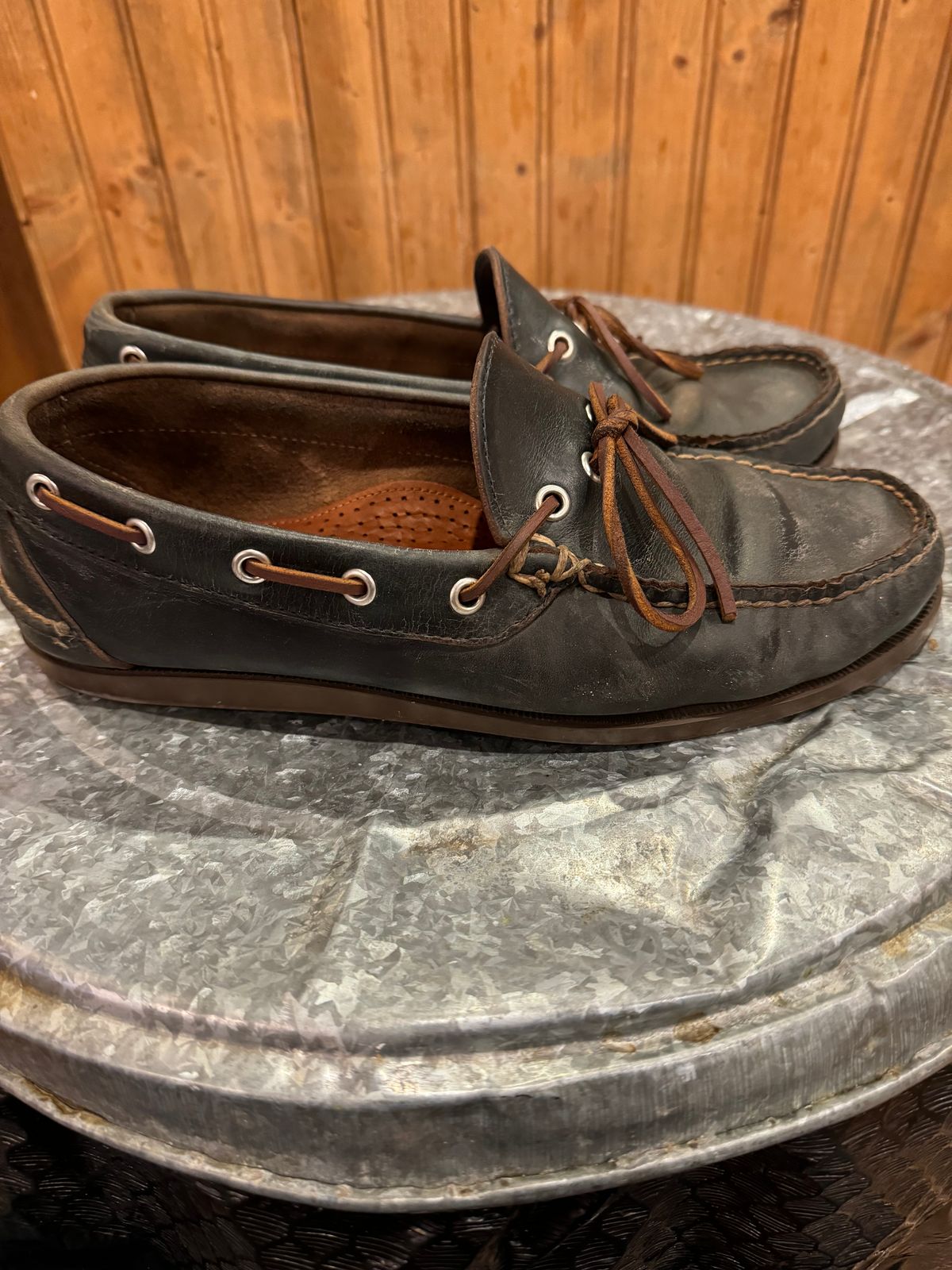 Photo by missouridenimdad on July 24, 2024 of the Oak Street Bootmakers Camp Moc in Horween Navy Chromexcel.