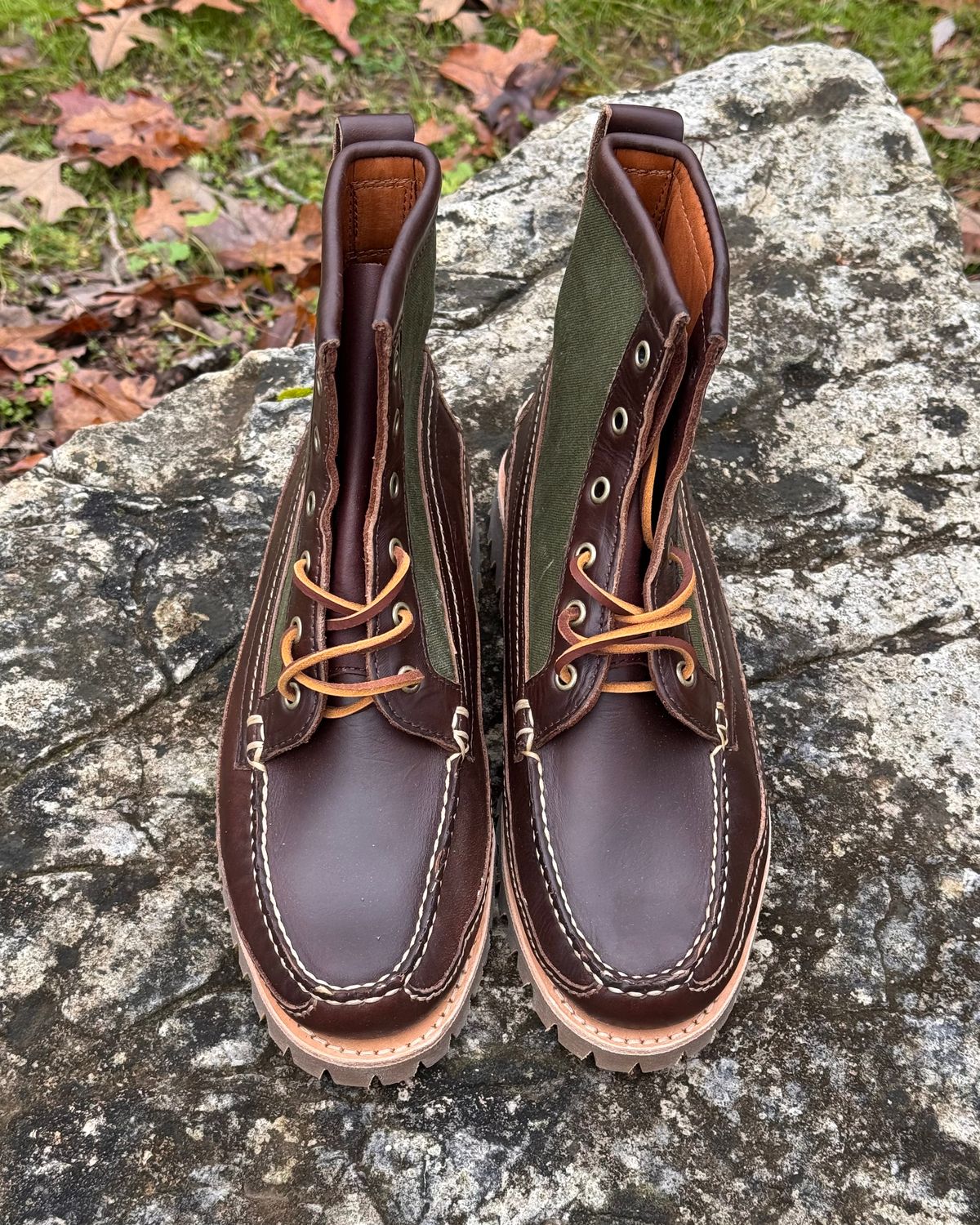 Photo by missouridenimdad on November 25, 2025 of the Oak Street Bootmakers Jungle Duffel Camp Boot in Horween Brown Chromexcel & Vintage Vietnam OD Green Cotton Duck Canvas.