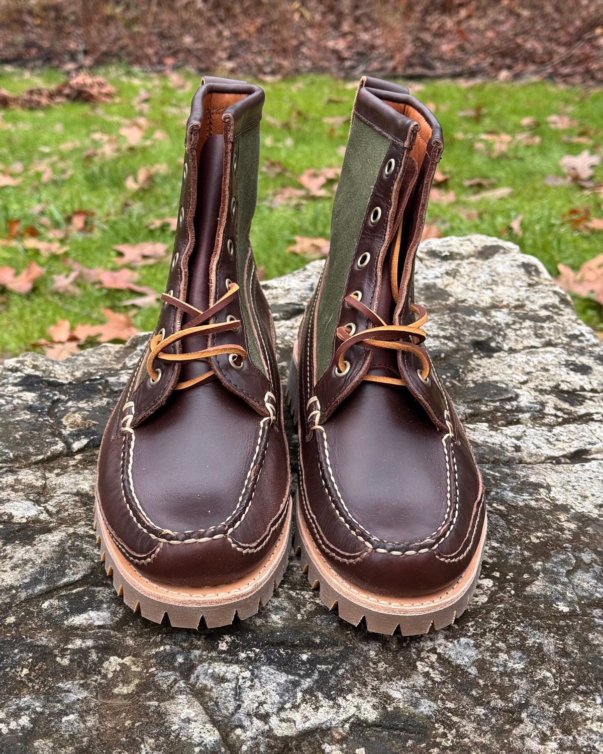 Photo by missouridenimdad on November 25, 2025 of the Oak Street Bootmakers Jungle Duffel Camp Boot in Horween Brown Chromexcel & Vintage Vietnam OD Green Cotton Duck Canvas.