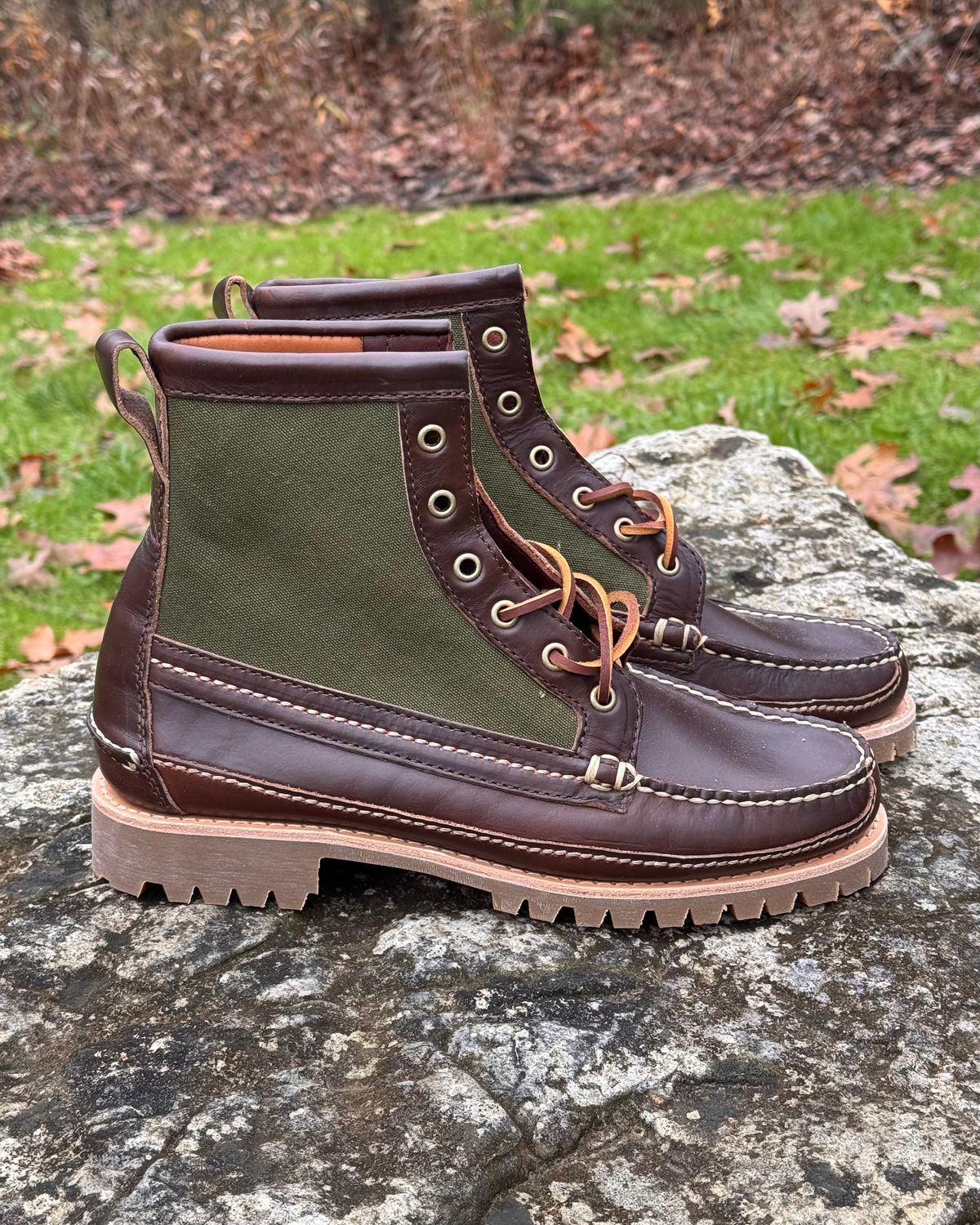 Photo by missouridenimdad on November 25, 2025 of the Oak Street Bootmakers Jungle Duffel Camp Boot in Horween Brown Chromexcel & Vintage Vietnam OD Green Cotton Duck Canvas.