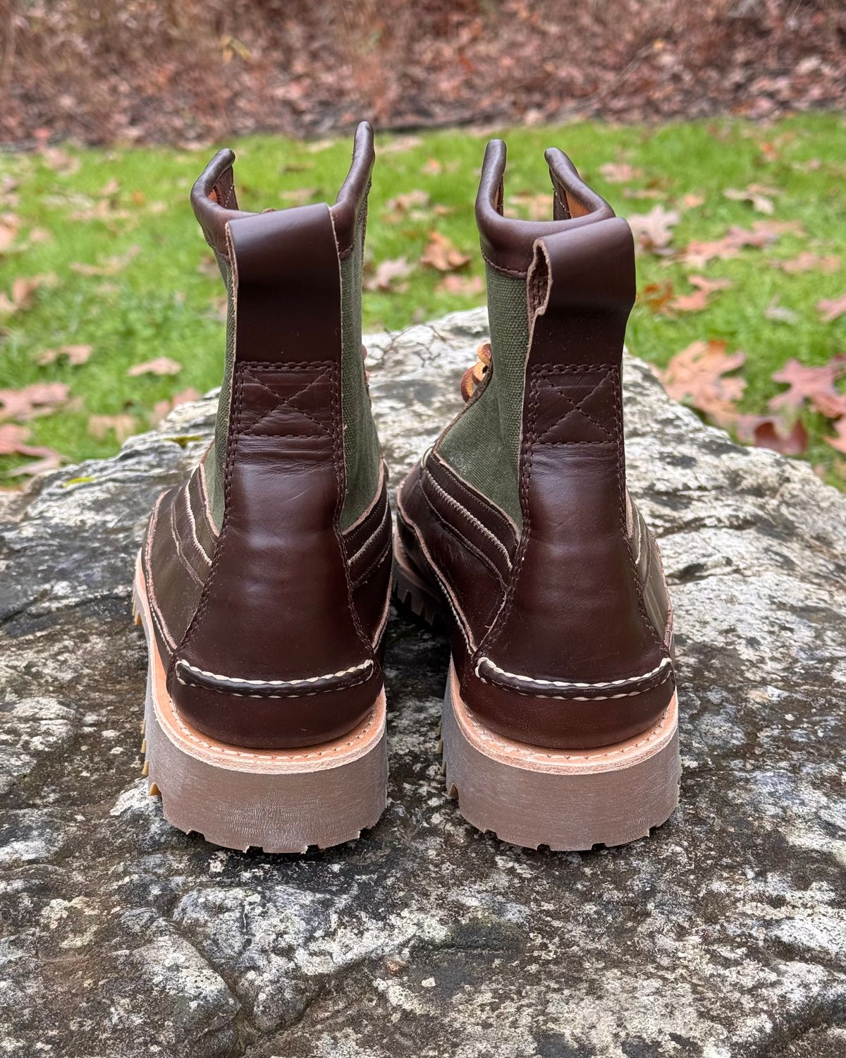 Photo by missouridenimdad on November 25, 2025 of the Oak Street Bootmakers Jungle Duffel Camp Boot in Horween Brown Chromexcel & Vintage Vietnam OD Green Cotton Duck Canvas.